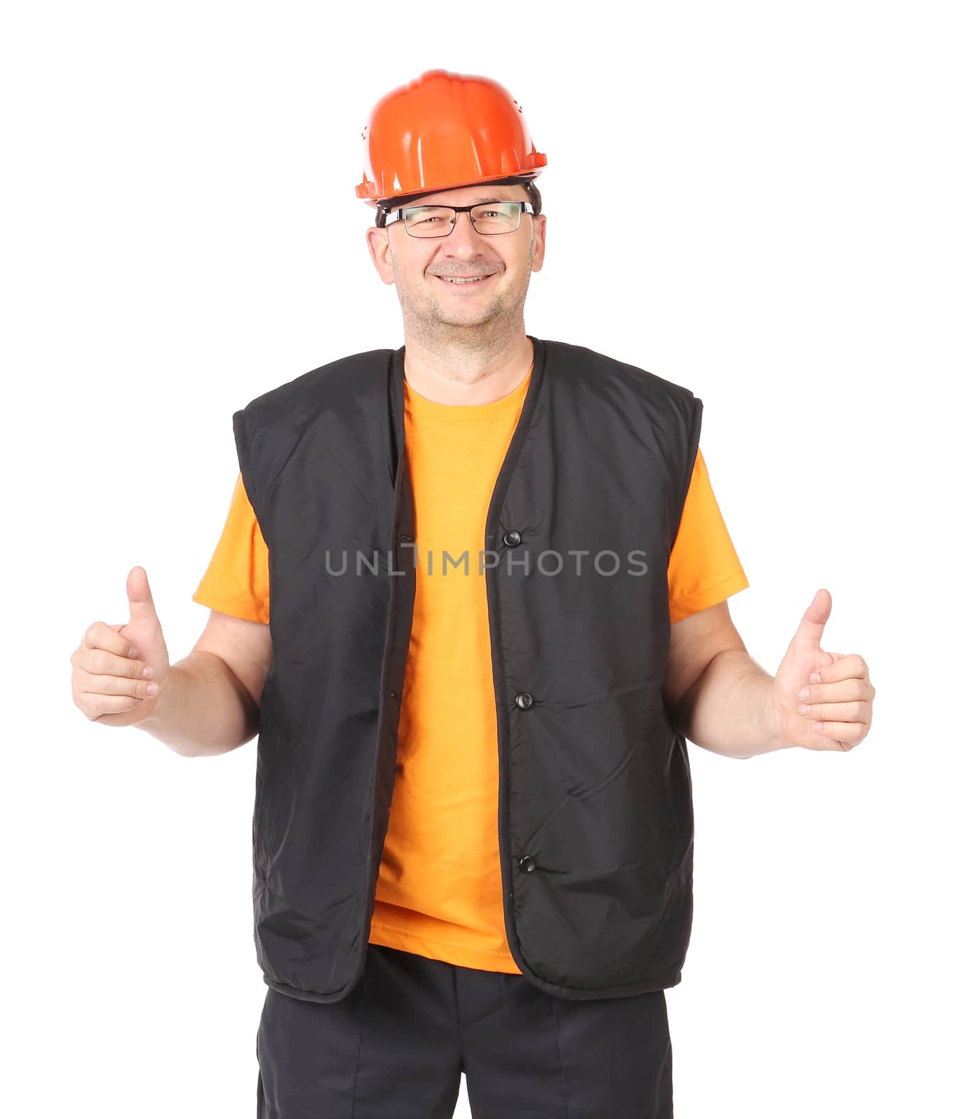 Man in red hard hat in a good mood. Isolated on a white background.