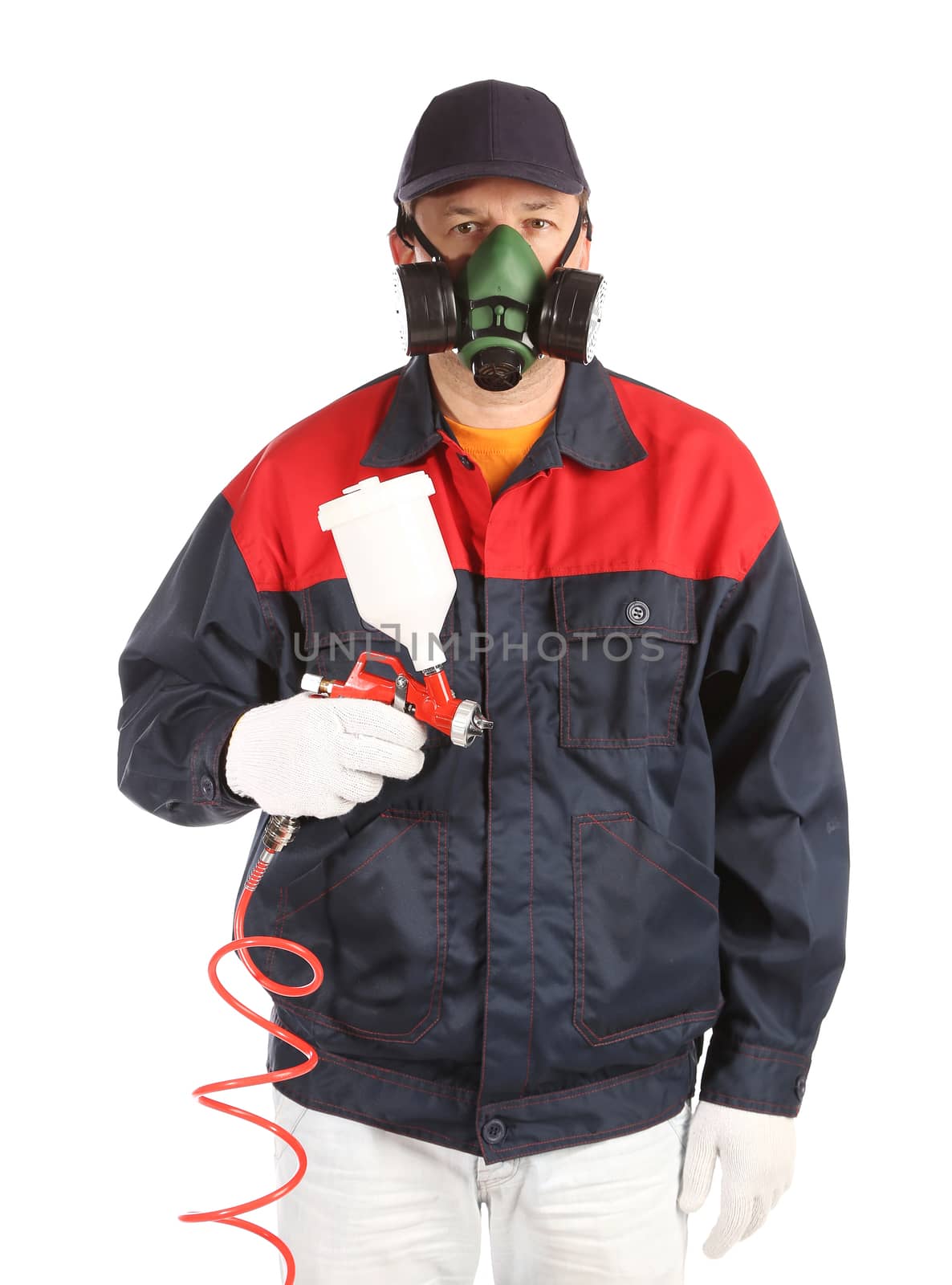Worker in process with spray. Isolated on a white background.