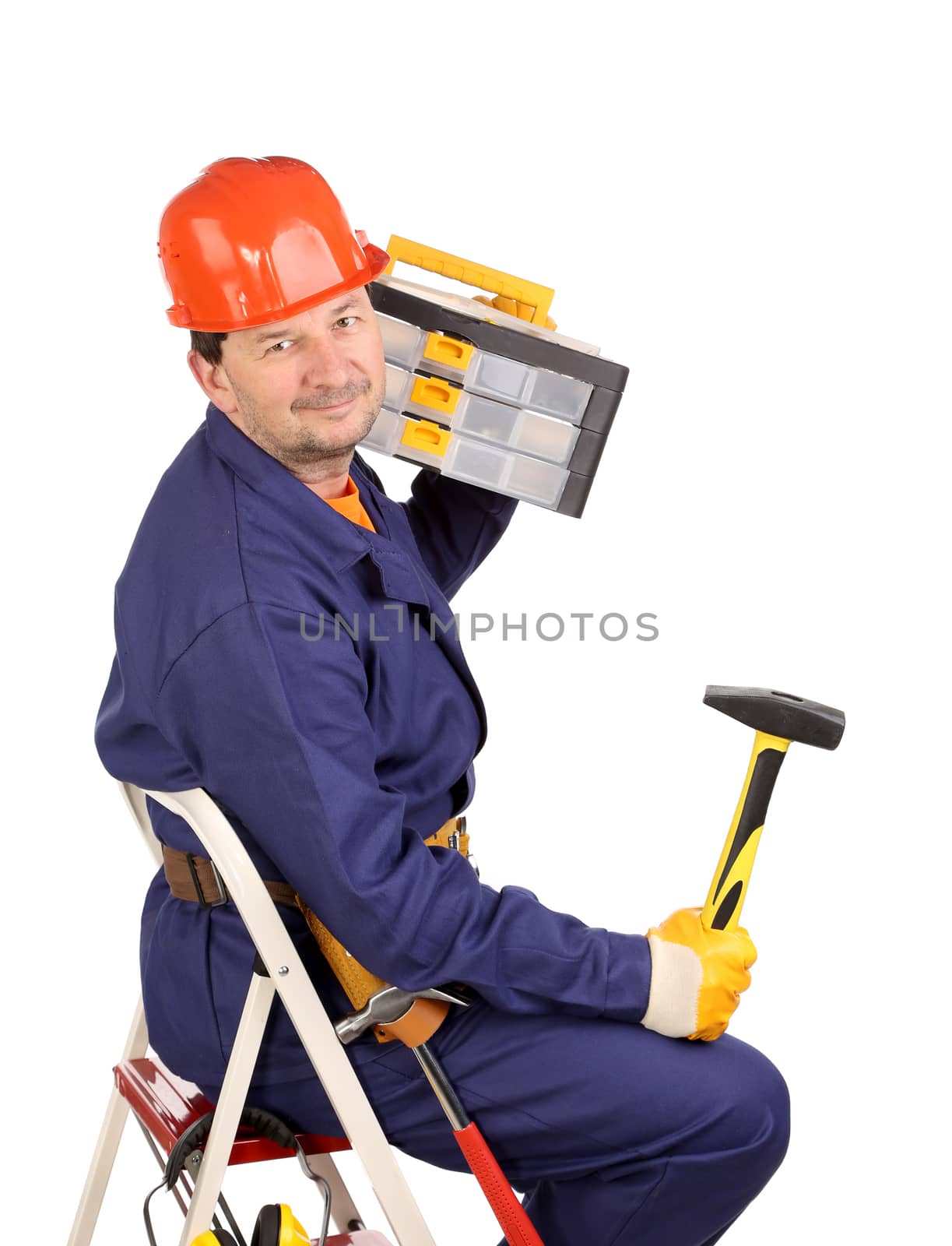 Worker on ladder with hammer and toolbox. Isolated on a white background.