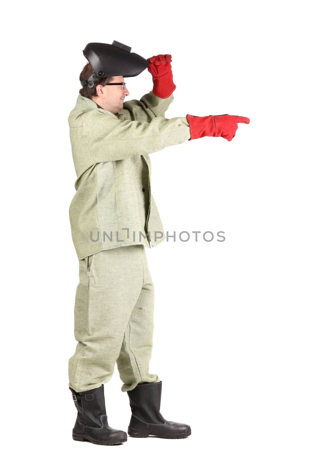 Welder shows something. Isolated on a white background.