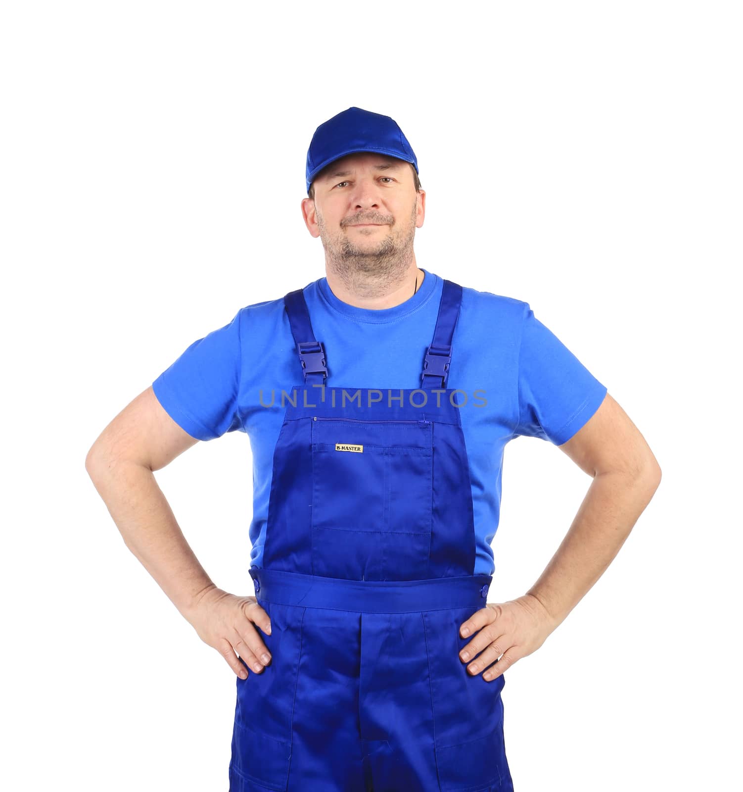Worker with arms on waist. Isolated on a white background.