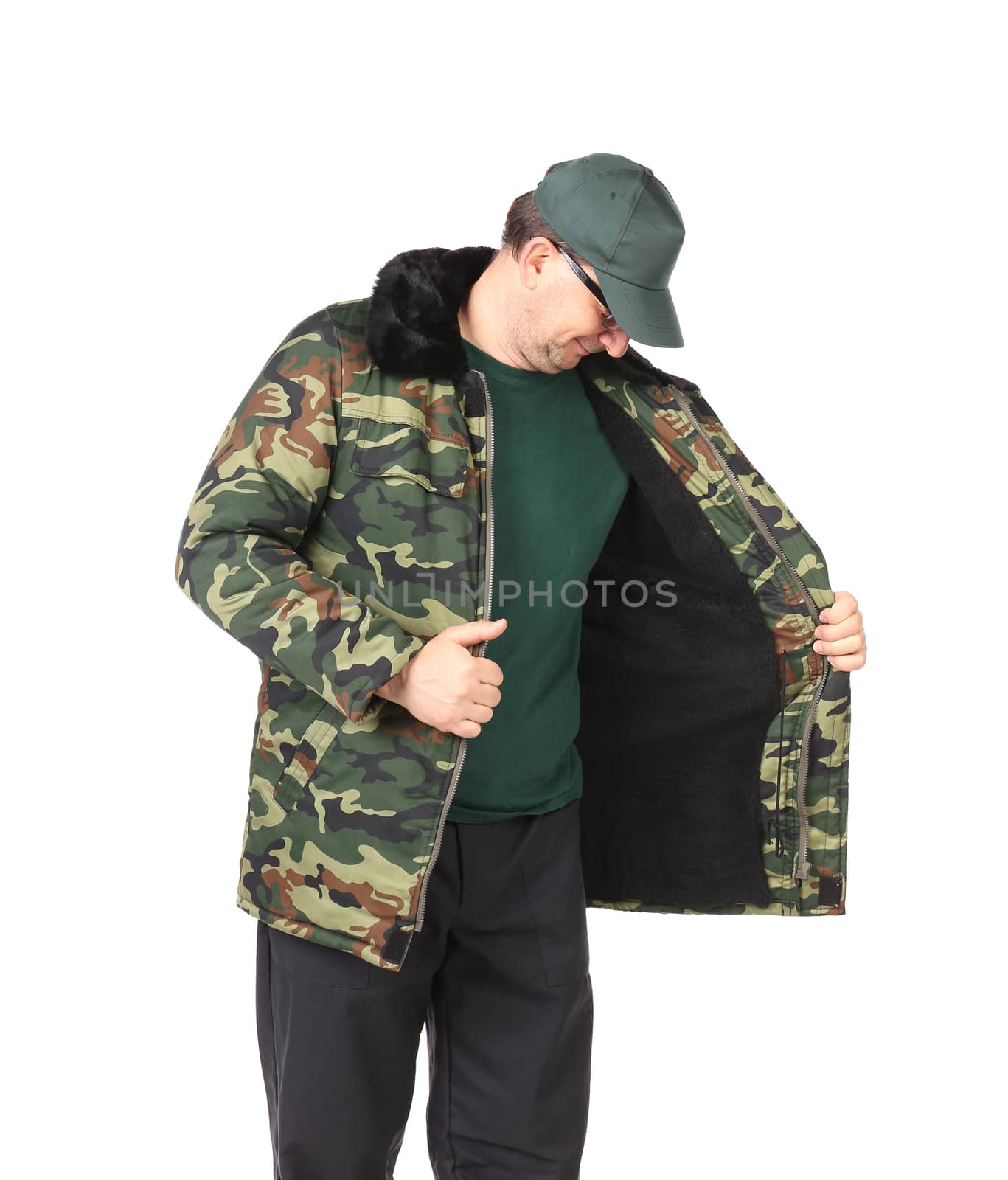 Man in military coat. Isolated on a white background.