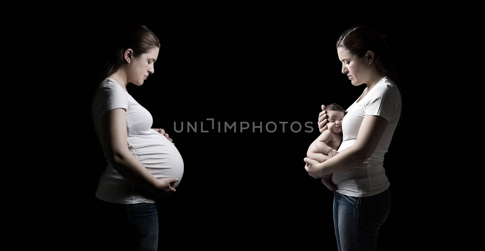 Collage of beautiful girl before and after the pregnancy with her newborn on black background