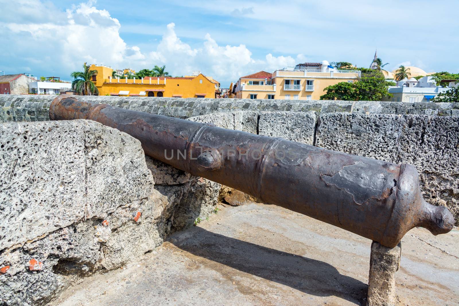 Old historic cannon in the old walled city of Cartagena, Colombia