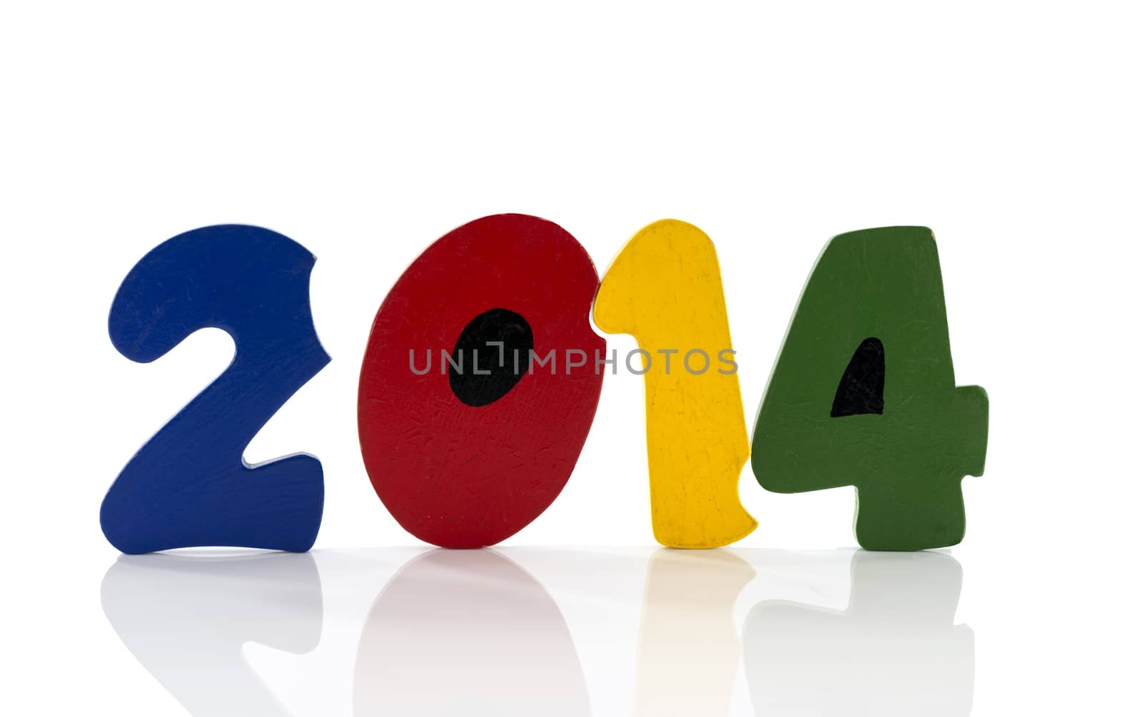 text new year 2014 in wooden letters blue red green yellow