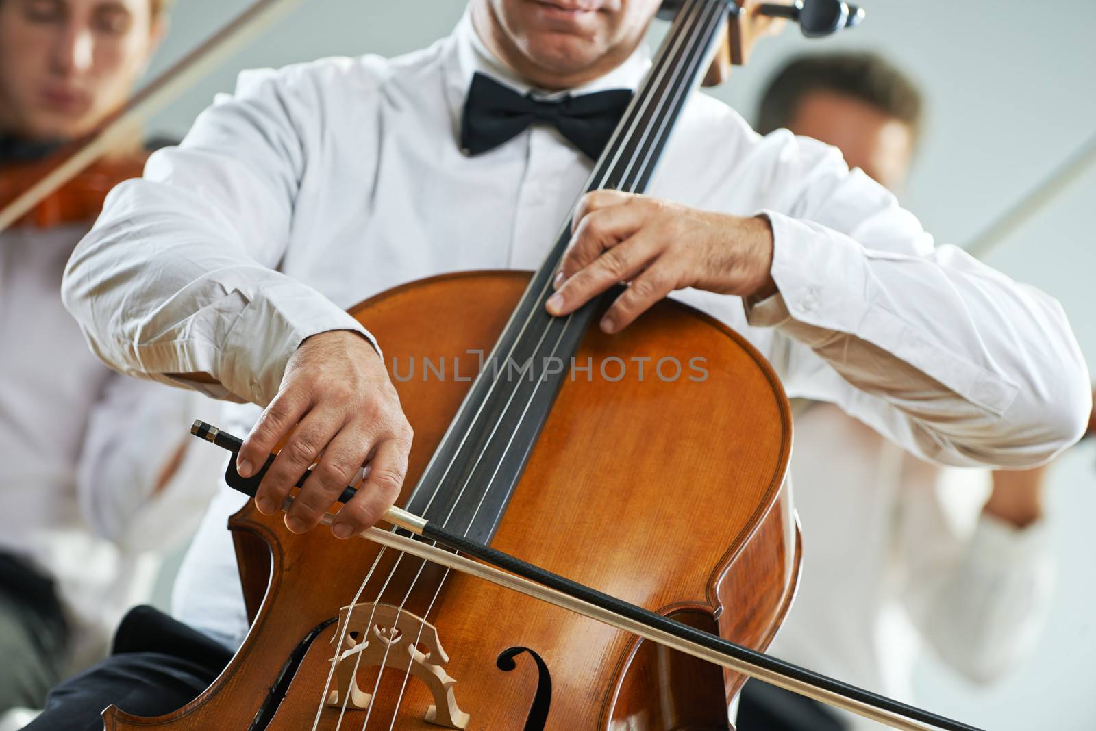 Cellist and violinist playing at the concert