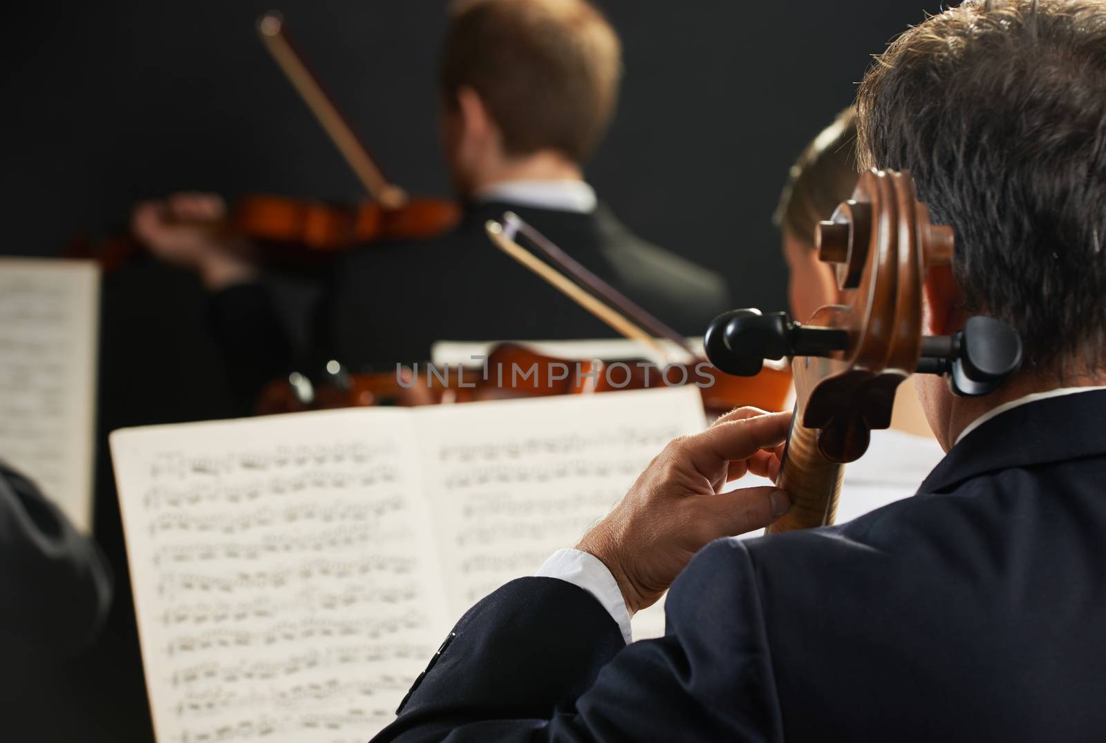 Symphony, cellist on foreground playing at the concert