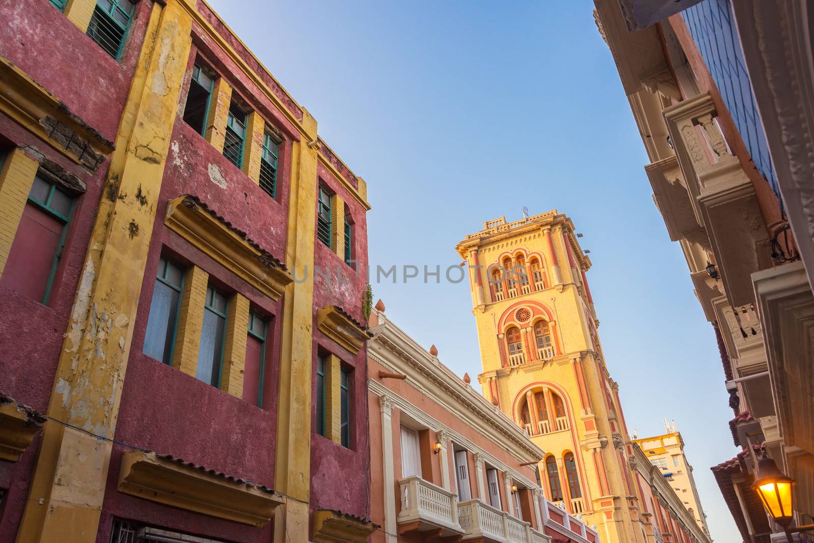 View of the tower of Cartagena Public University in the heart of the historic district of Cartagena, Colombia