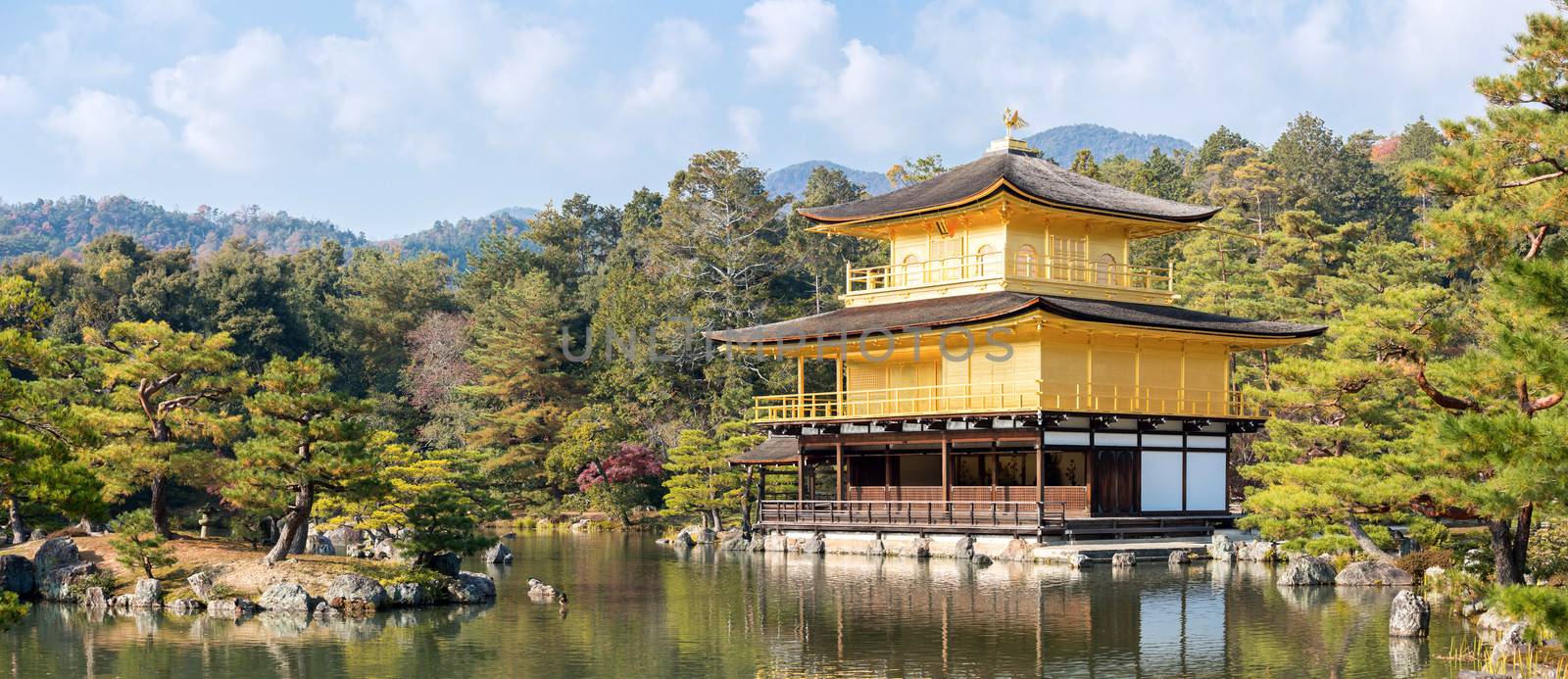 Panorama landscape of Golden Pavilion Kinkakuji Temple in Kyoto Japan