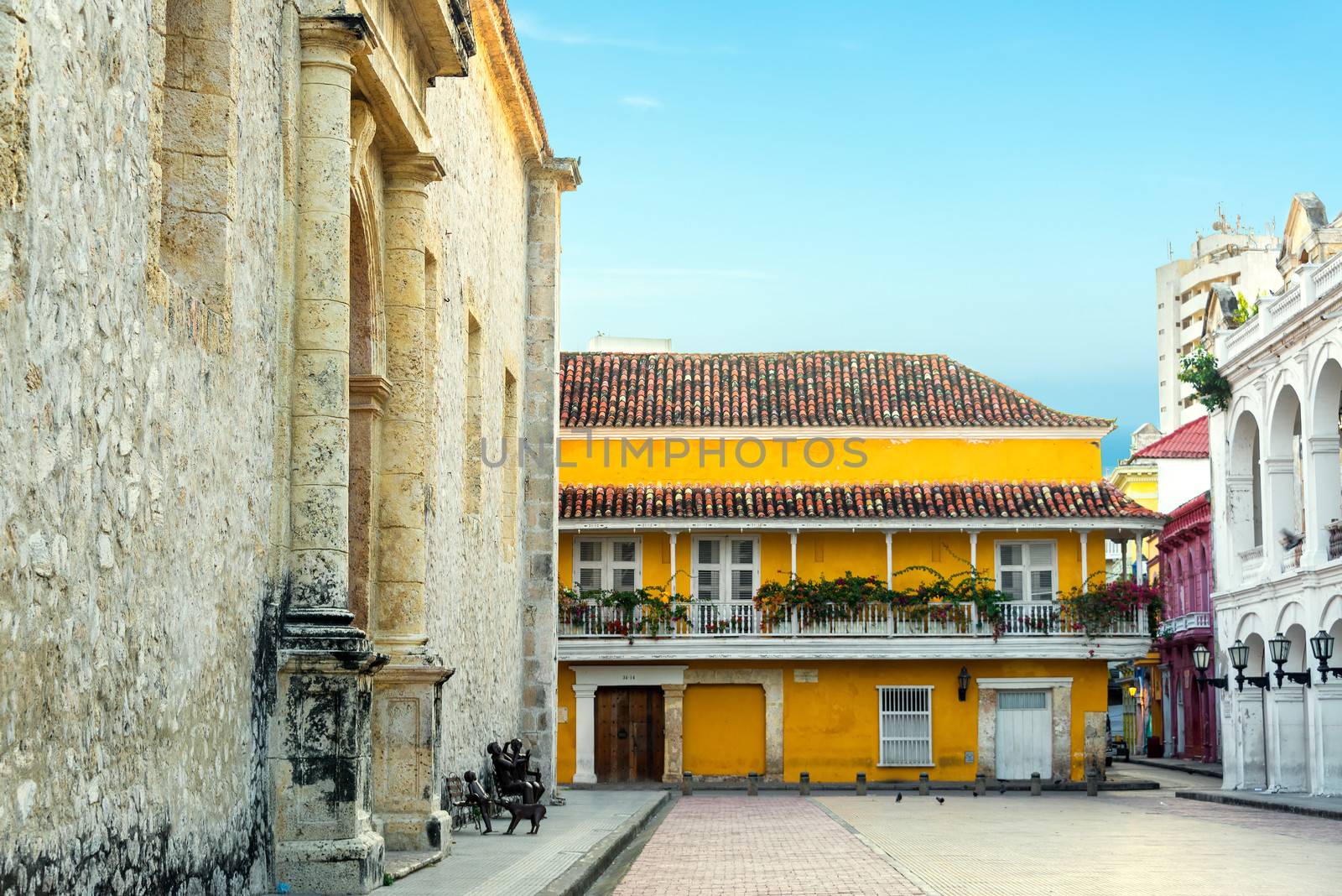 Historic colonial buildings next to the cathedral in Cartagena, Colombia