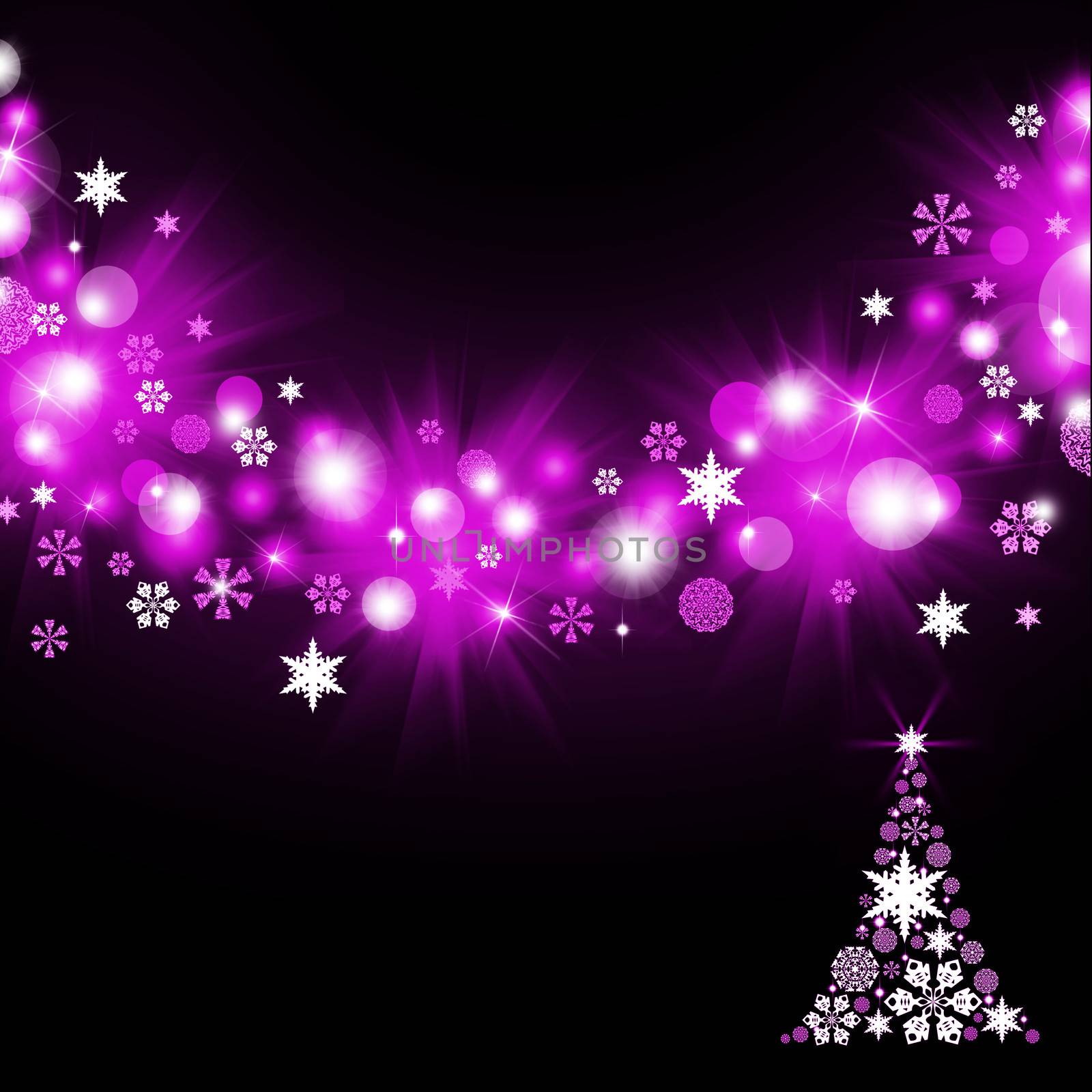 Christmas tree from magenta snowflakes on dark background