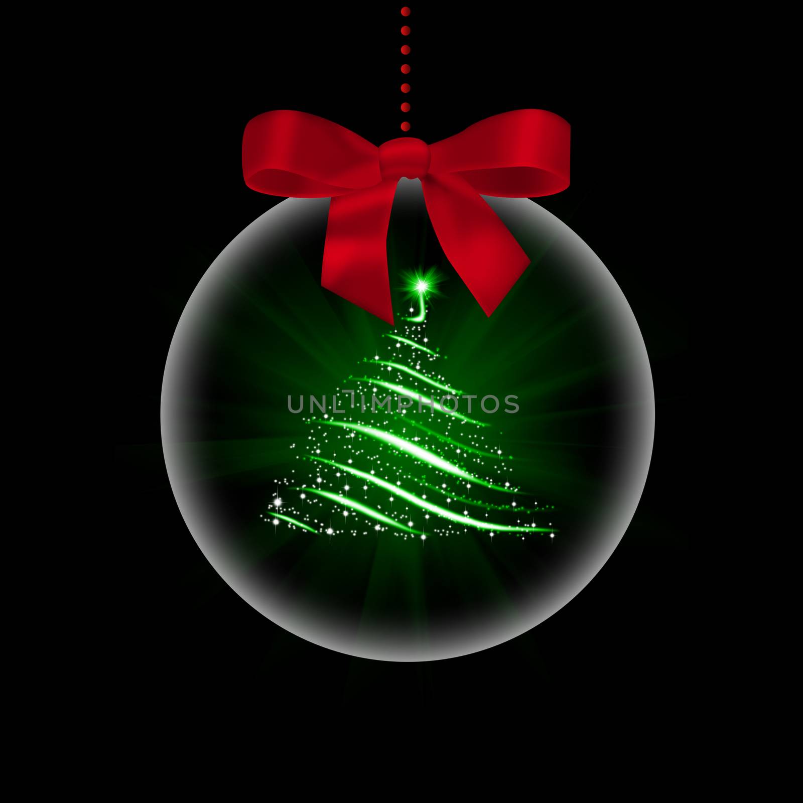 Christmas tree in transparent ball. Black background