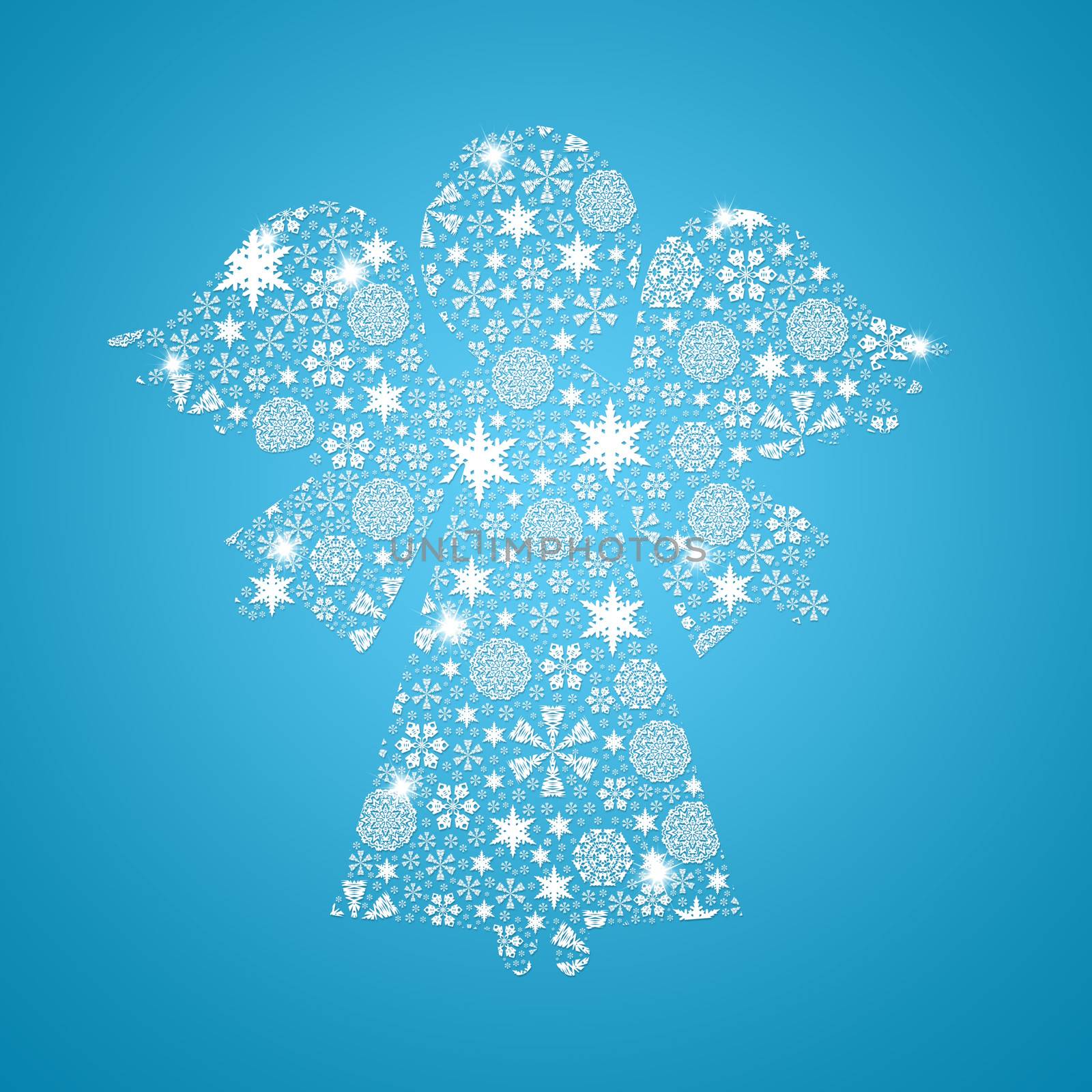 Angel silhouette filled with snowflakes. Christmas card