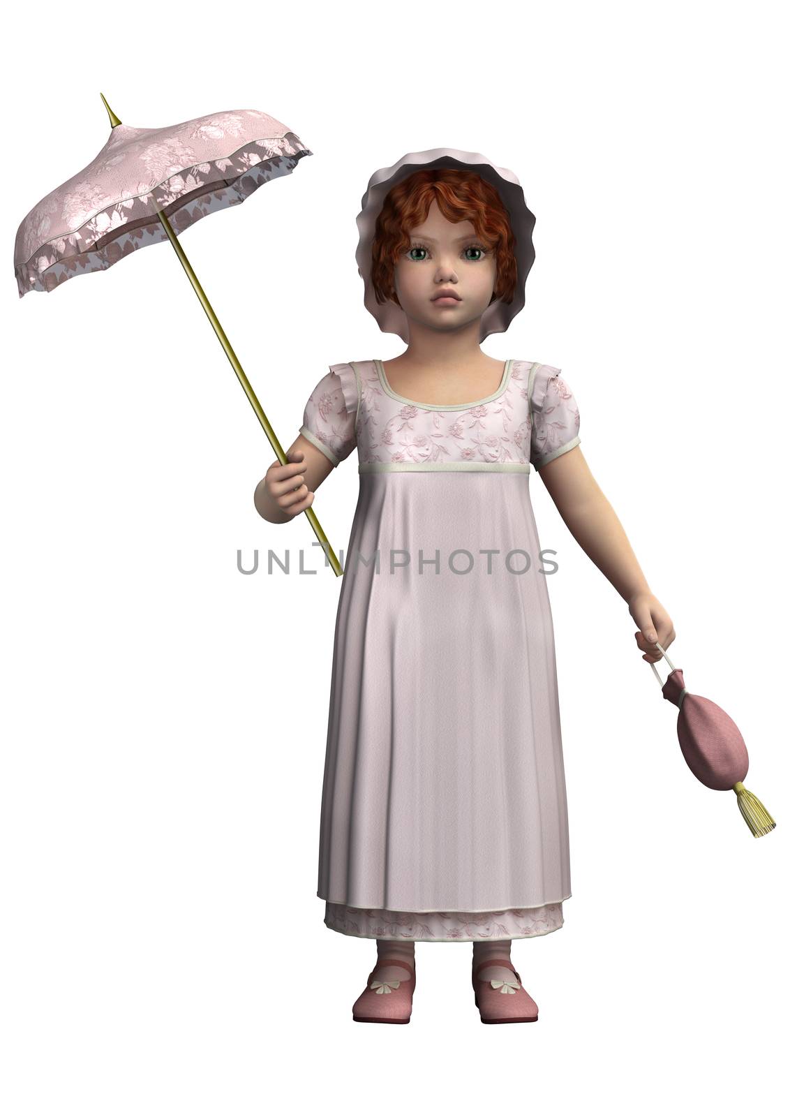 3D digital render of a cute vintage girl holding a purse and a parasol isolated on white background