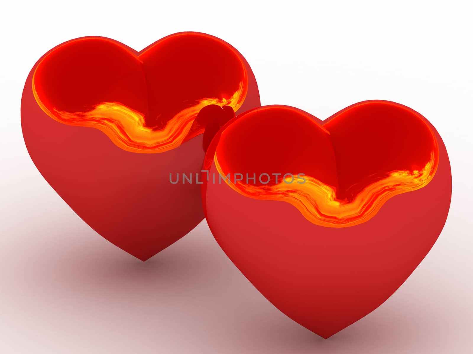 3d valentine. Two glowing red heart with the reflection of fire on white background
