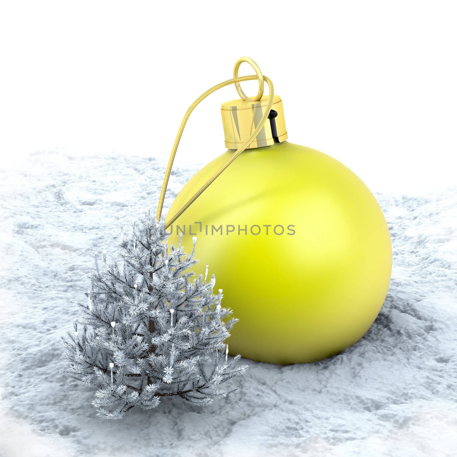 One yellow christmas ball and a small tree on a snowy ground