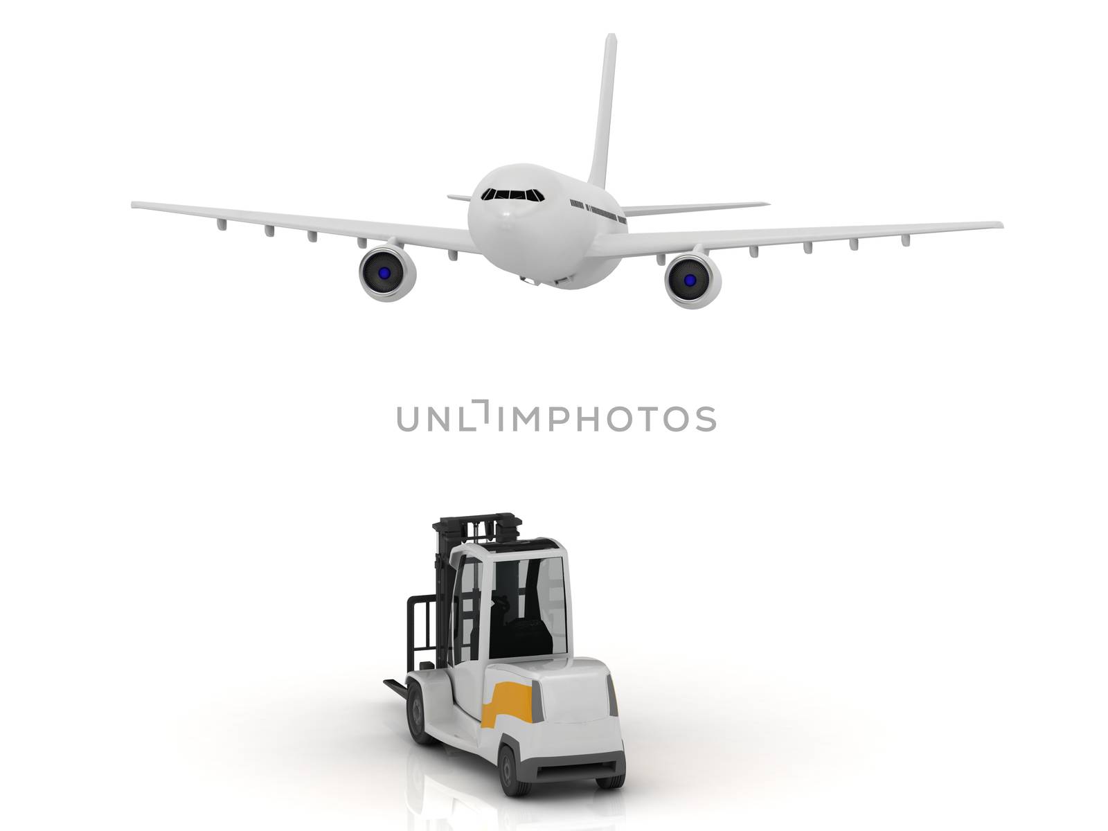 White passenger airliner takes off from the airport and moving an empty Electric Forklift