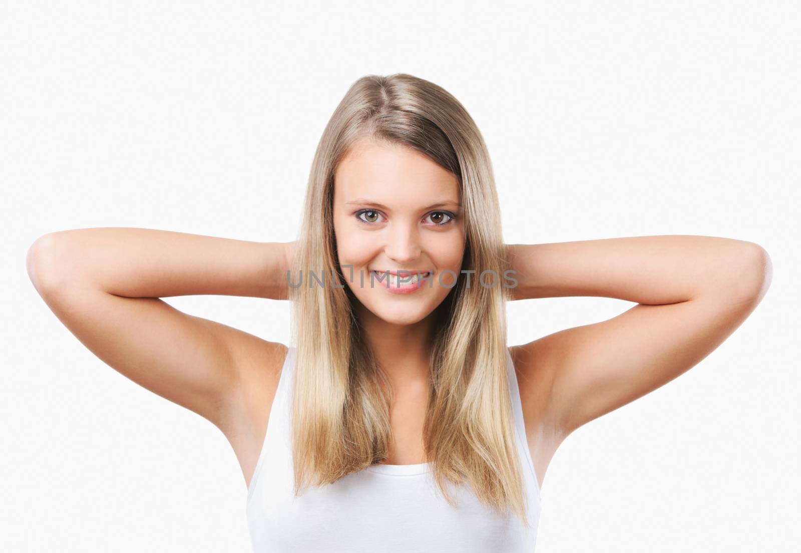 Positive, blonde girl smiling on a white background 