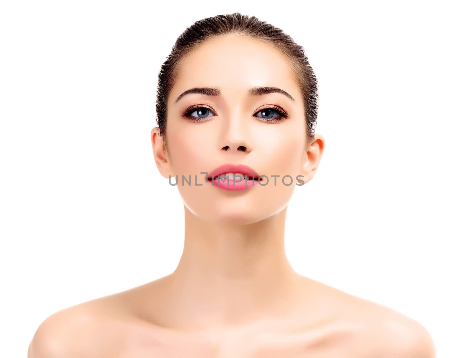 Beautiful young female with clean fresh skin, white background
