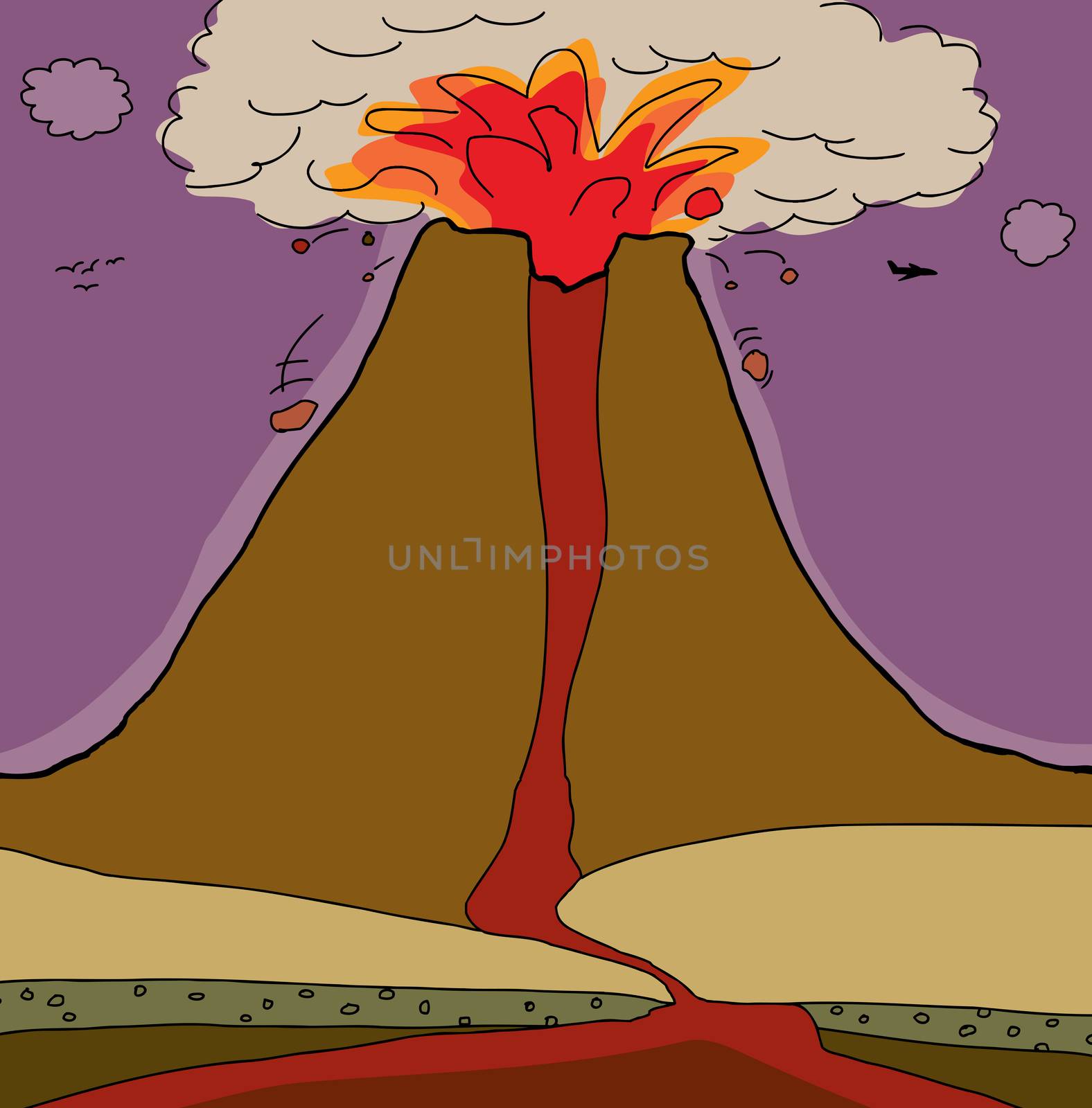 Cross section of a stratovolcano ejecting lava and pyroclasts