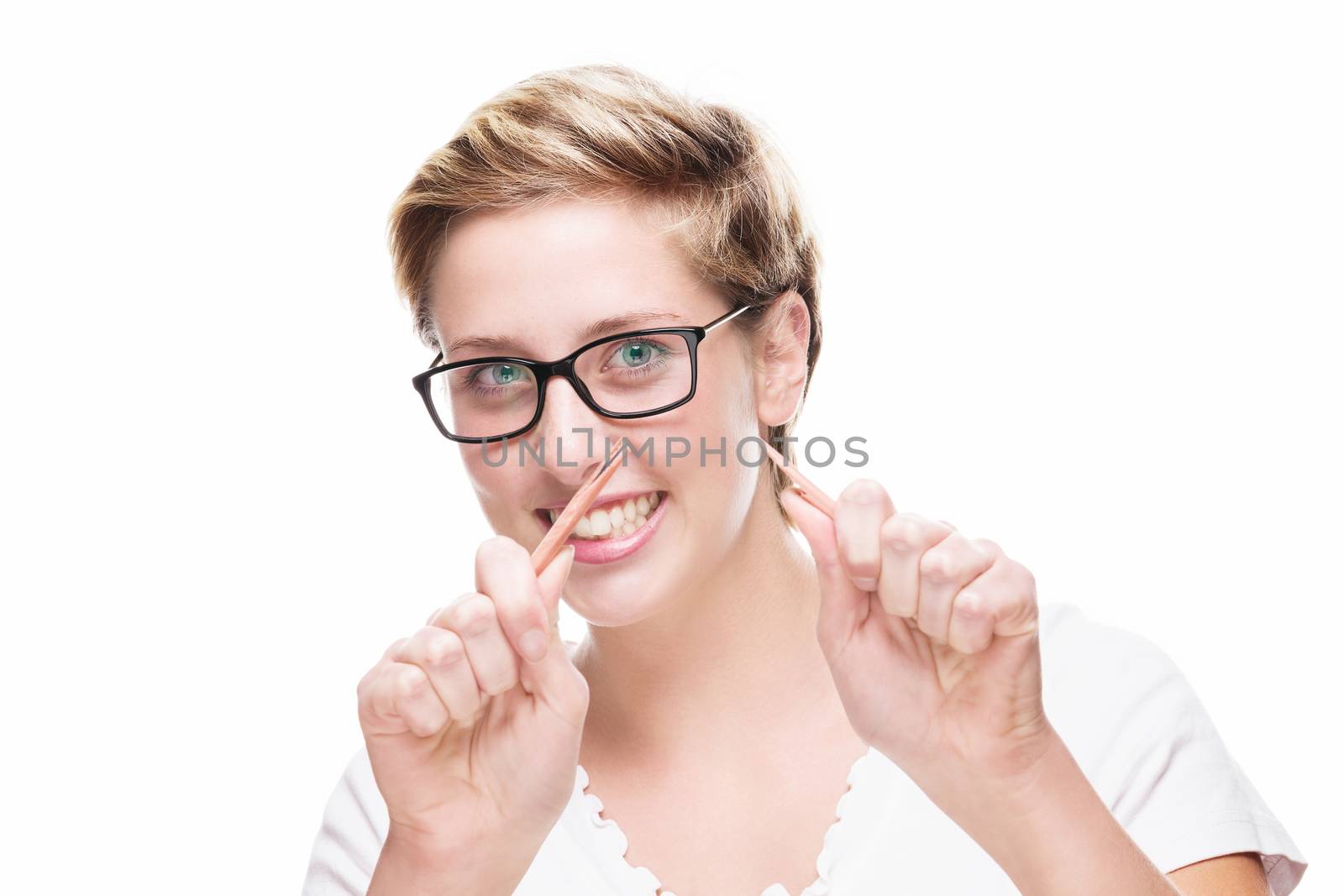 blonde woman wearing glasses has broken her pencil on white background