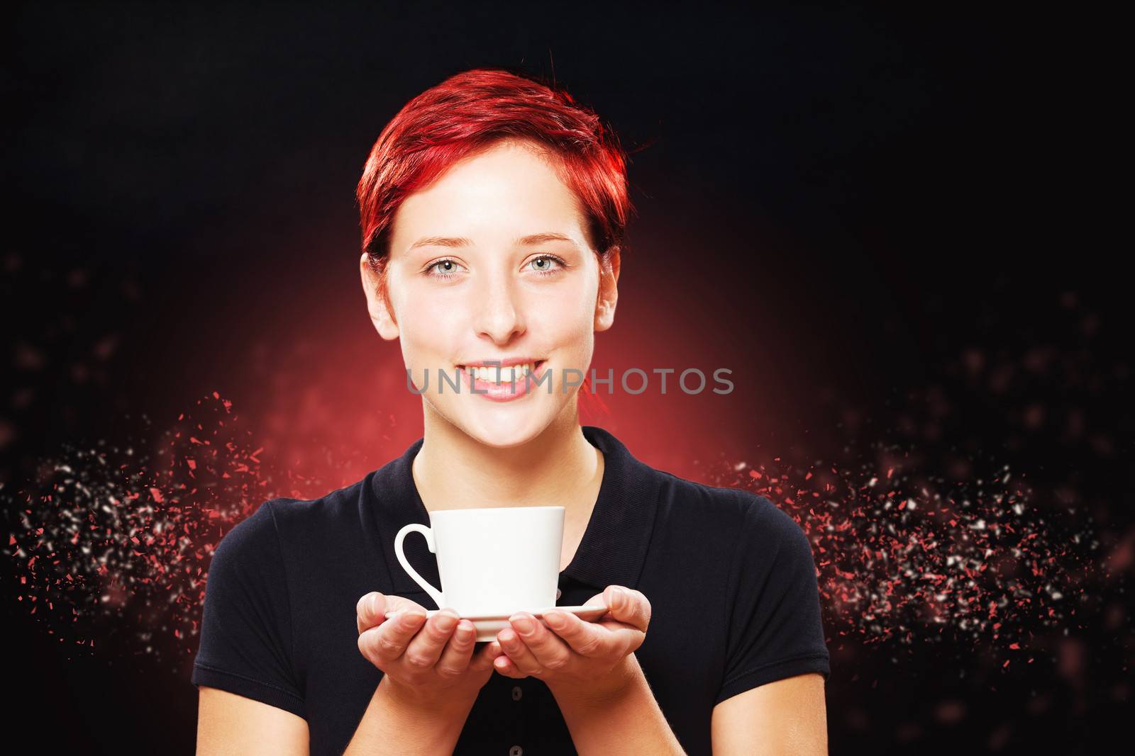 happy woman holding white cup of coffee by RobStark