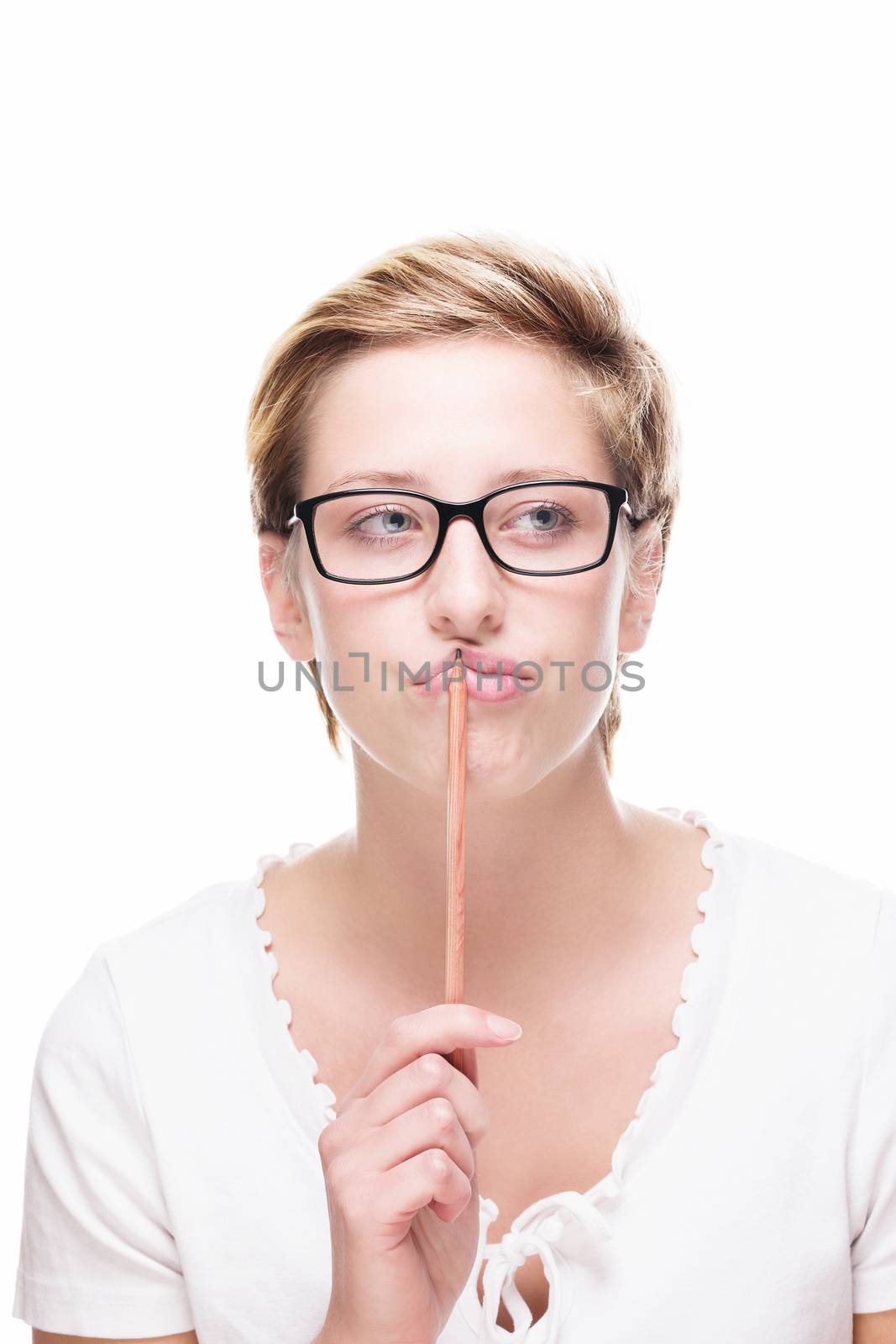 blonde woman is searching for ideas holding pencil to her lips on white background