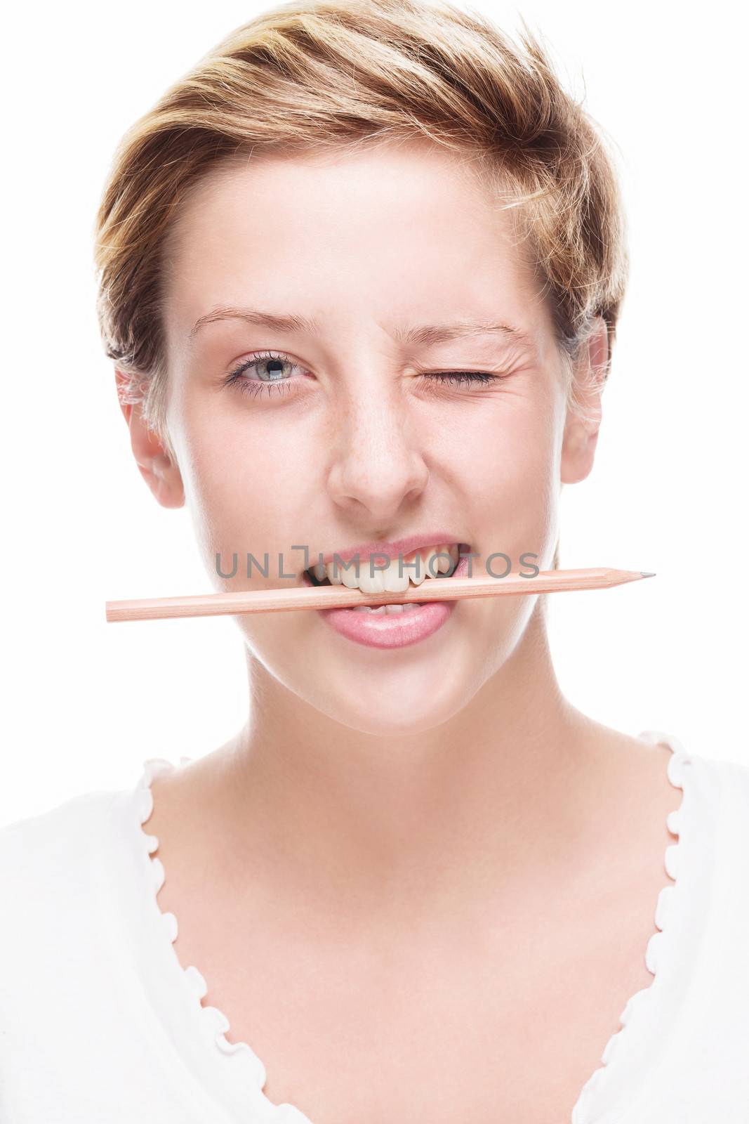 woman winking with pencil in her mouth by RobStark
