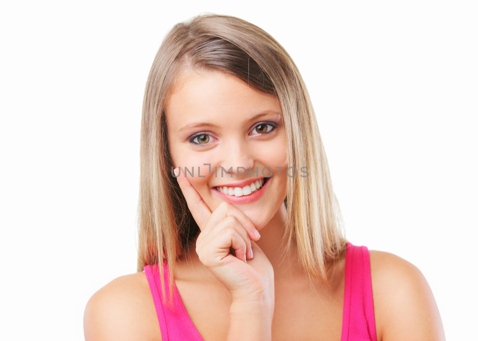 Positive, blonde girl smiling on a white background 