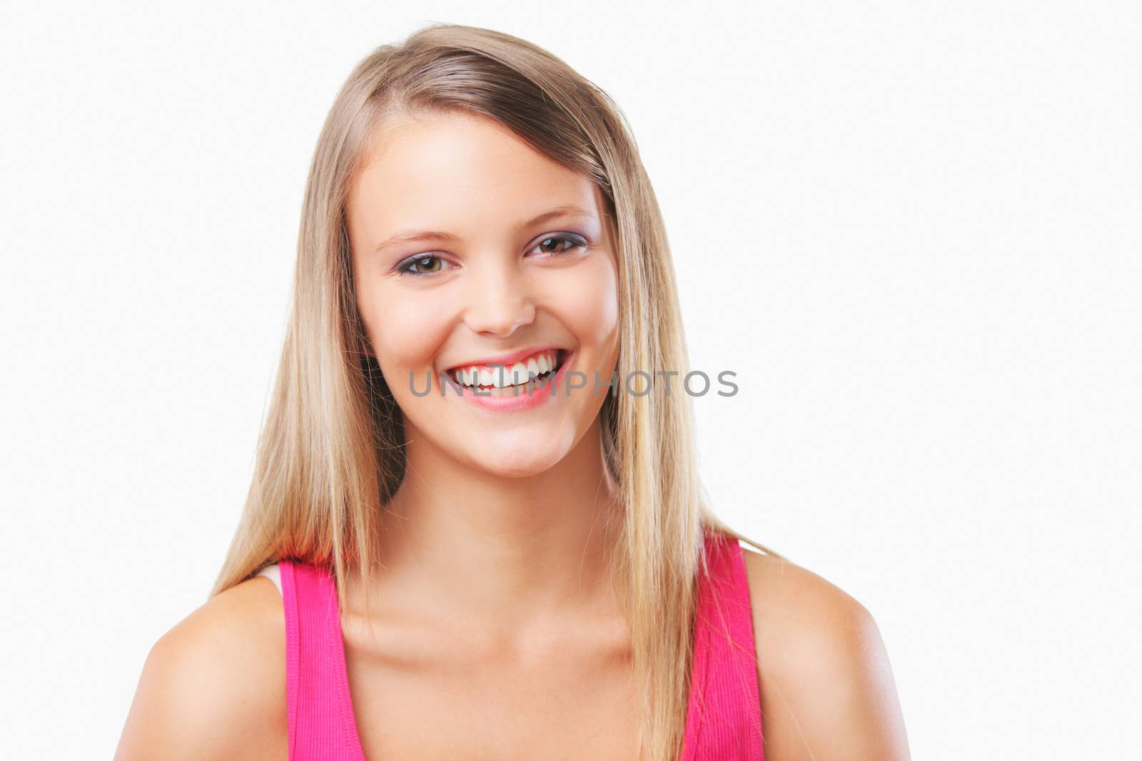 Positive, blonde girl smiling on a white background 