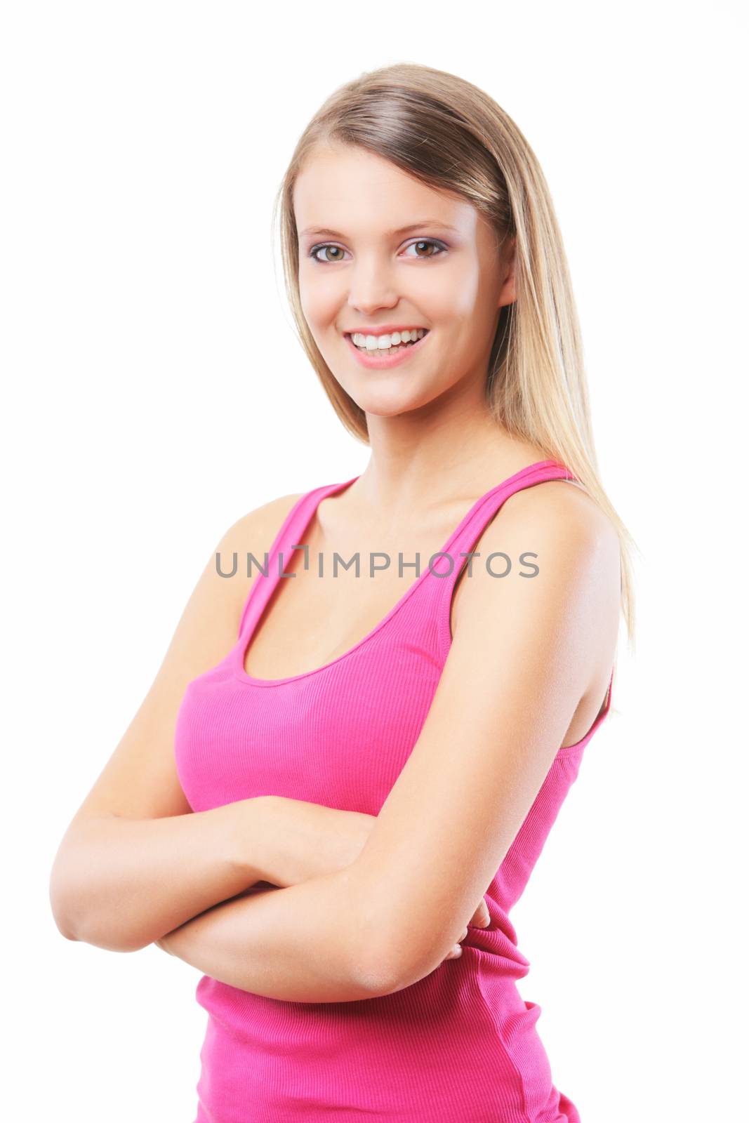 Beautiful girl folding her arms, smiling on a white background 