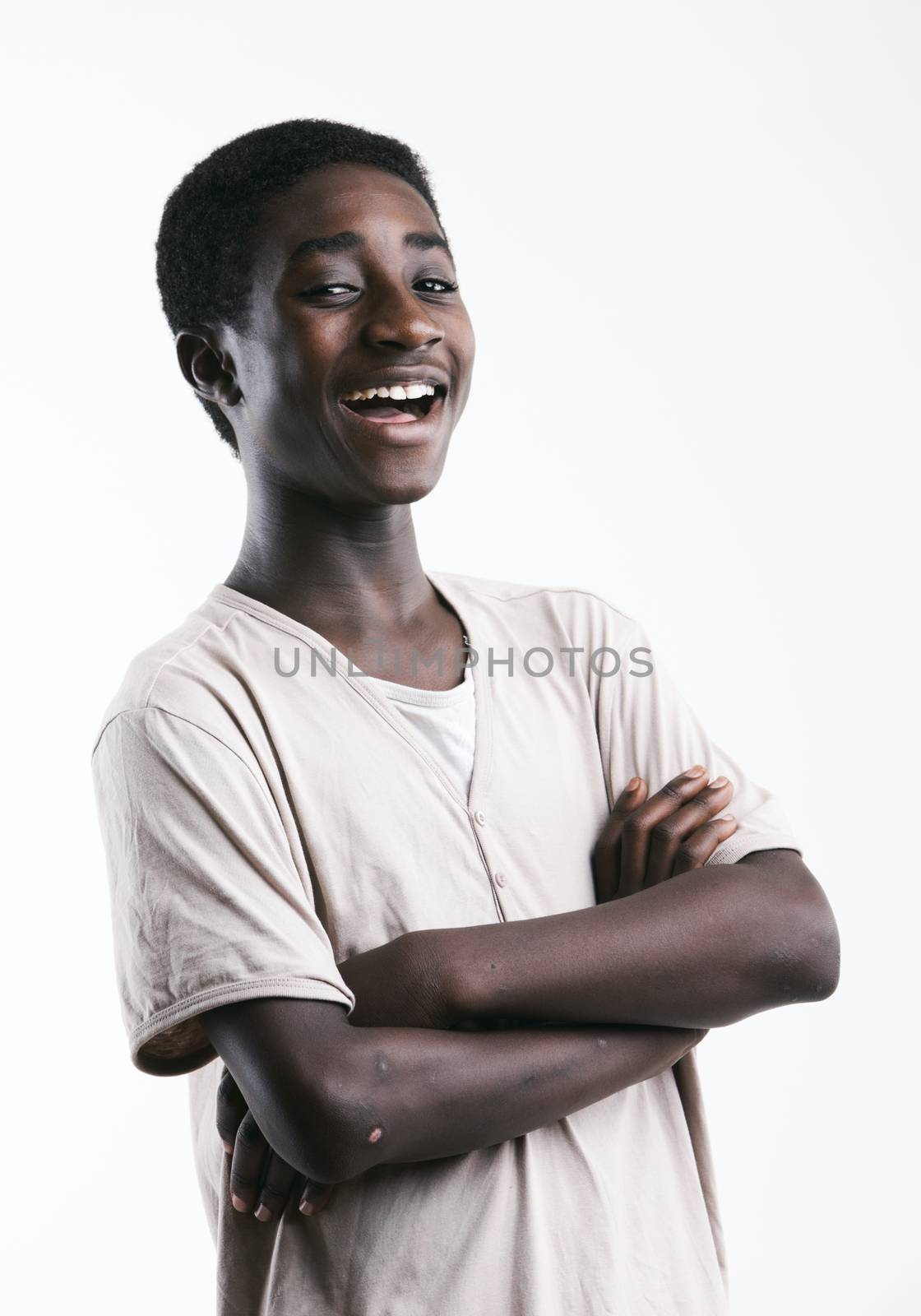 Portrait of an happines African boy on white background