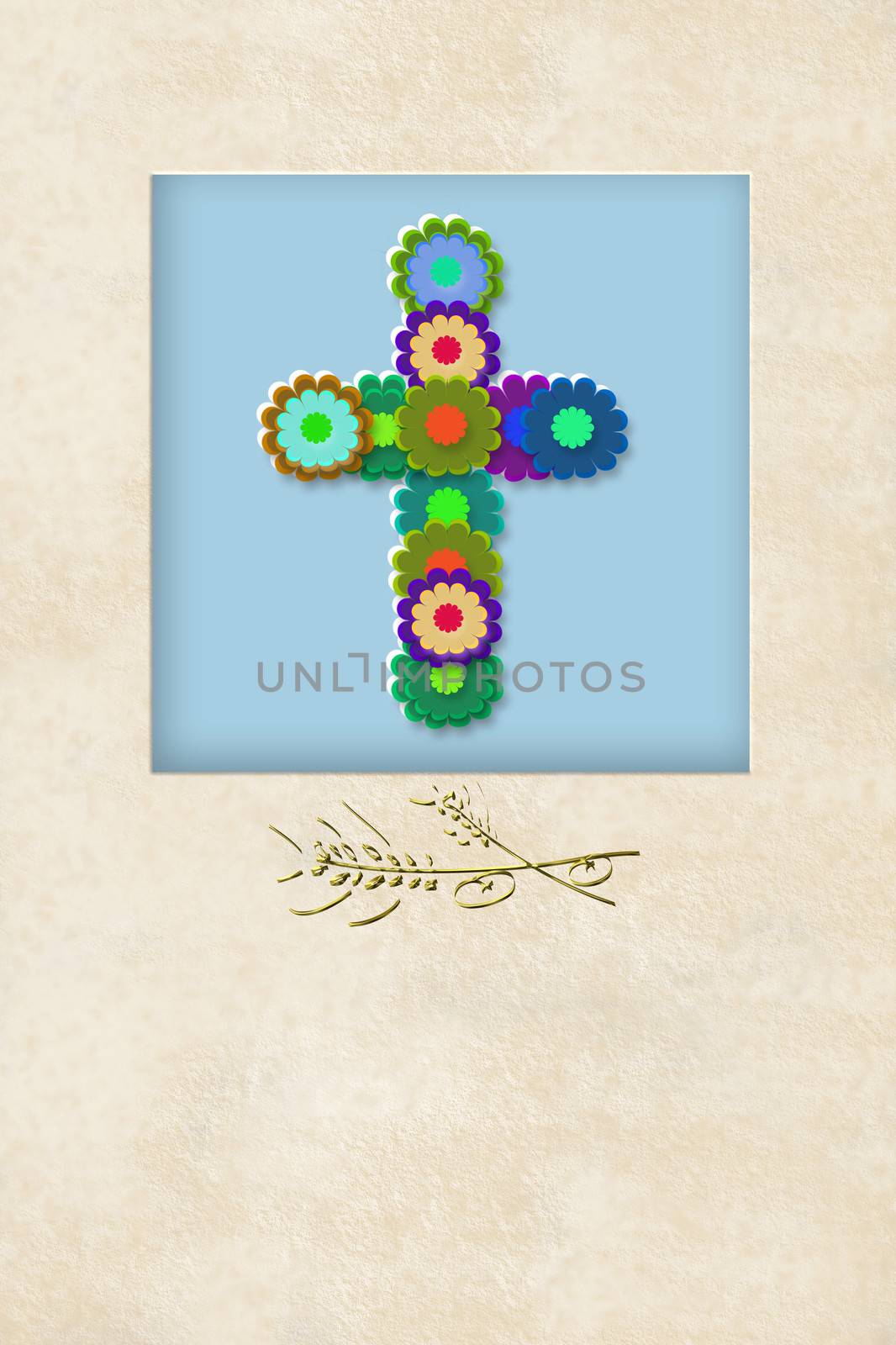 cheerful flowers cross communion invitation card by Carche