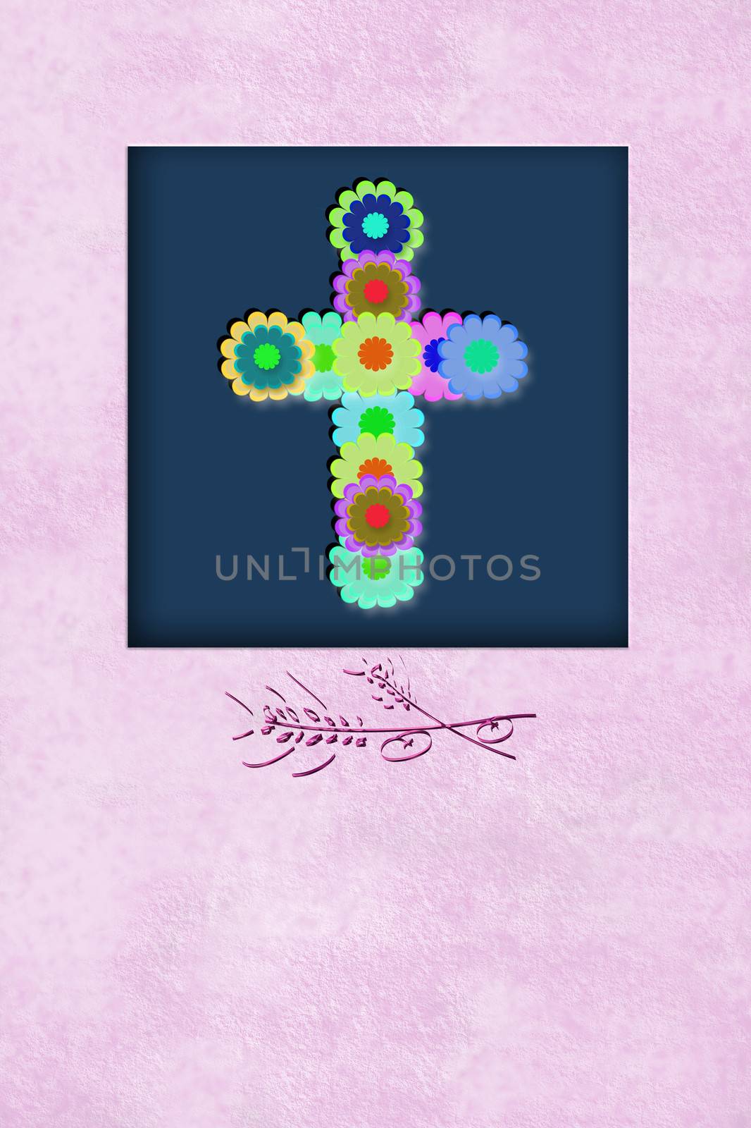 cheerful flowers cross communion reminder invitation card, with copy space for writing