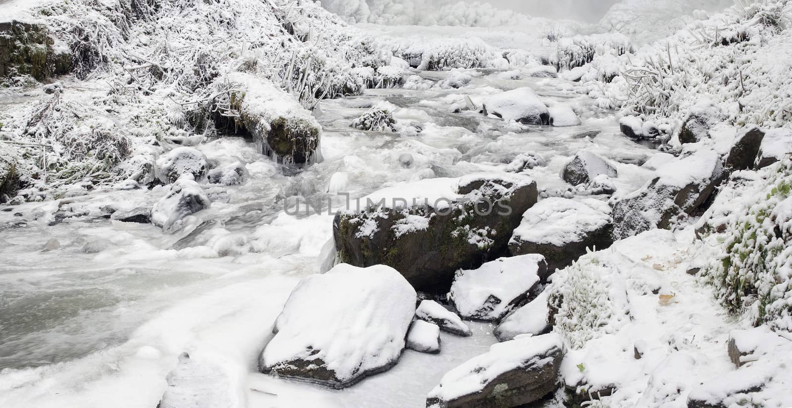 Latourell Falls Creek at Columbia River Gorge Oregon with Icicles and Flowing Stream Frozen in Winter Season Panorama