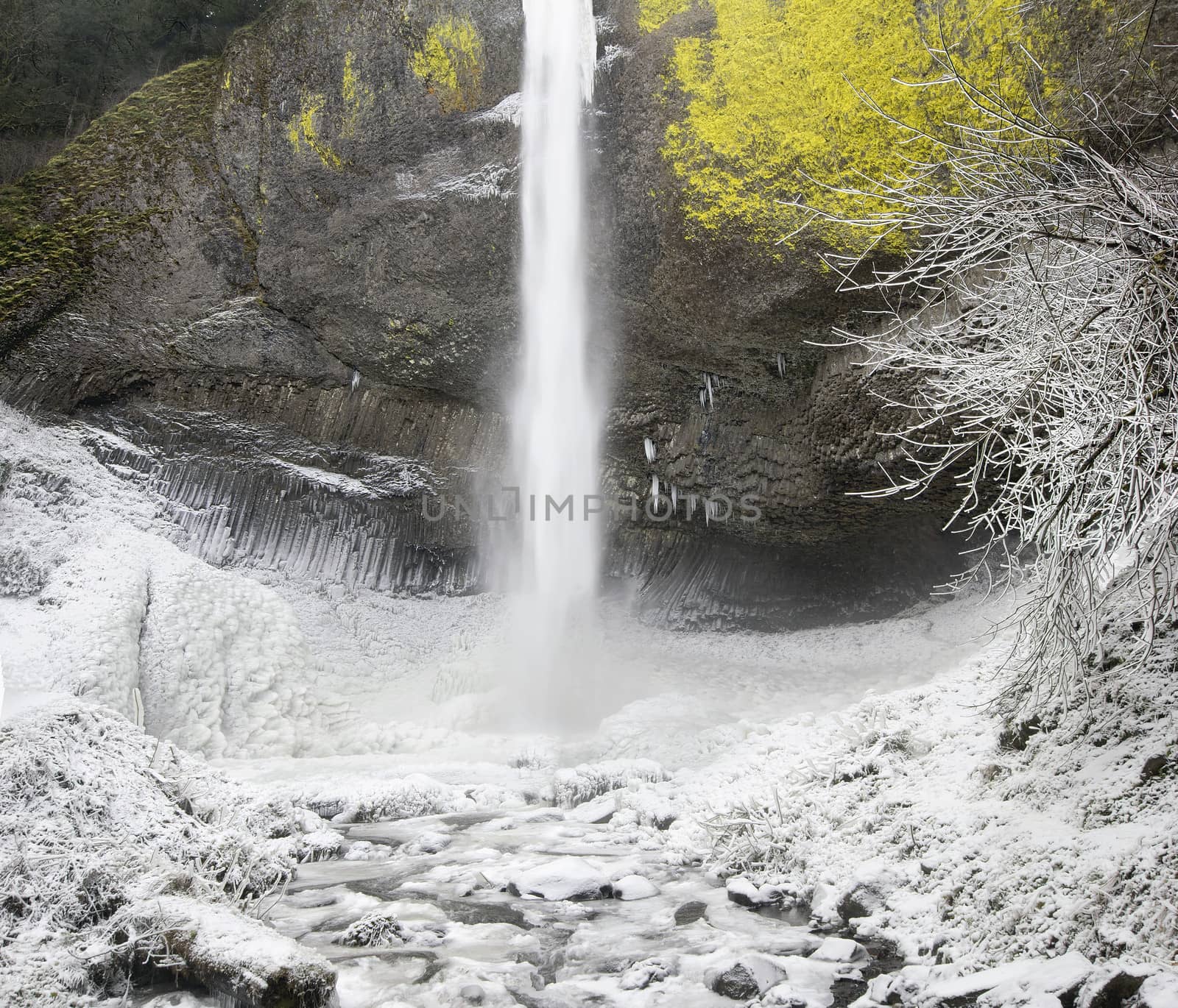 Latourell Falls at Columbia River Gorge Oregon with Icicles and Flowing Stream Frozen in Winter Season