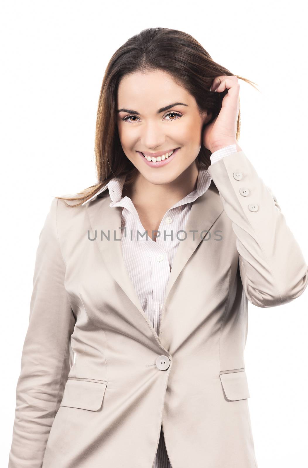 Glamour portrait of business woman model with hand in hair on white background