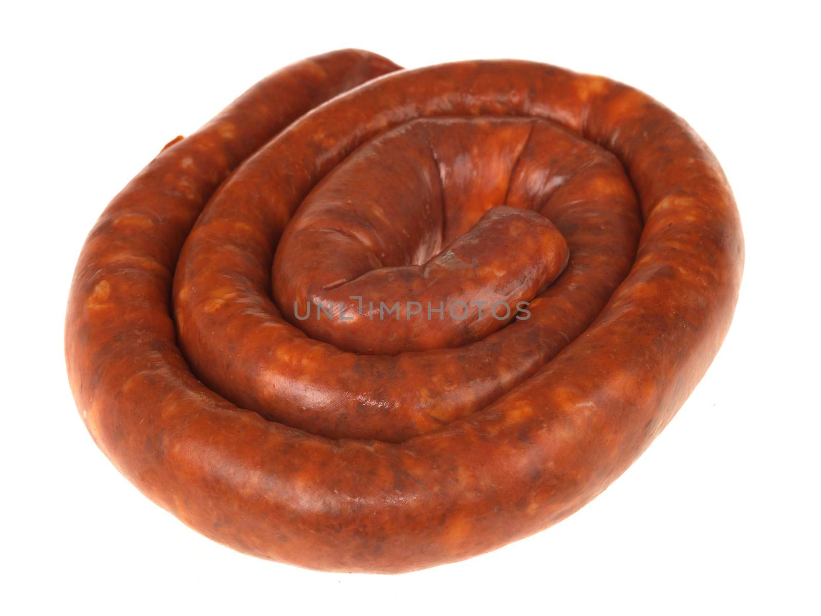 Rolled Cured Uncooked Raw Chistorra Chorizo Sausage Isolated White Background