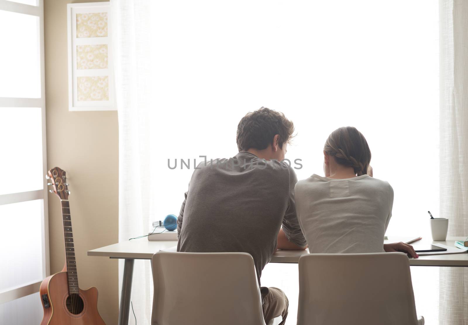 Teen boy and girl sitting together and studying at home