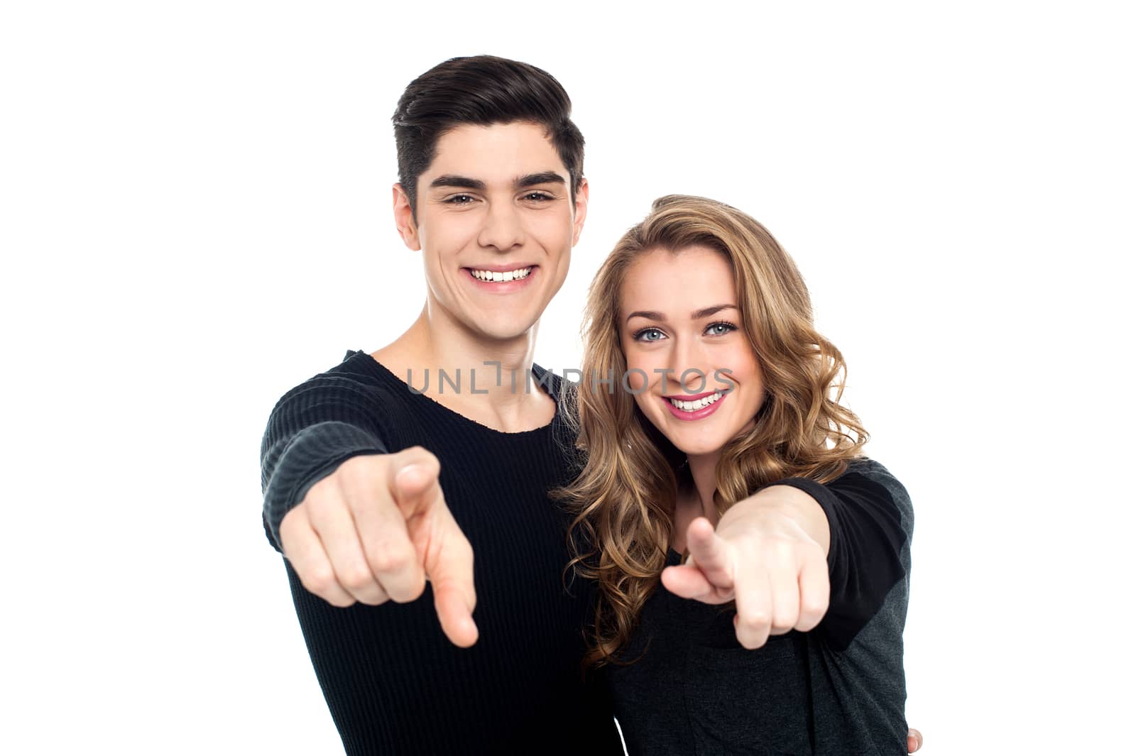 Young couple pointing you out