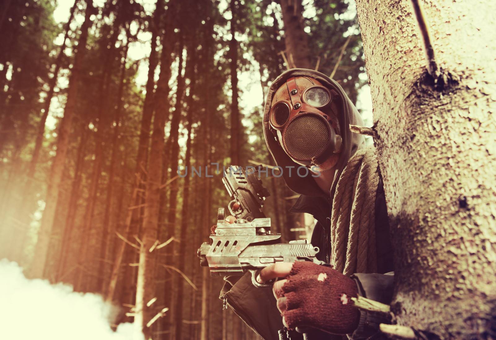 Soldier wearing a gas mask is fighting for its survival
