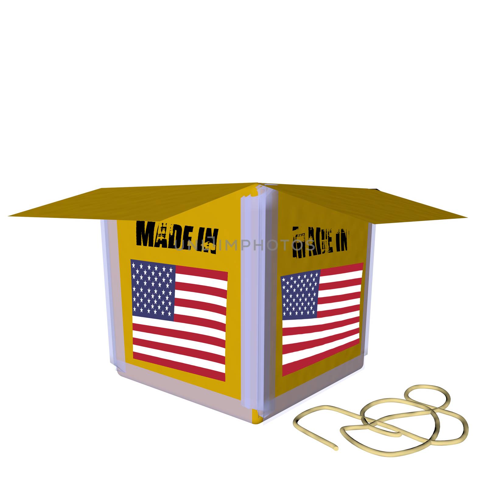 Open cardboard box, 3D render with USA flag