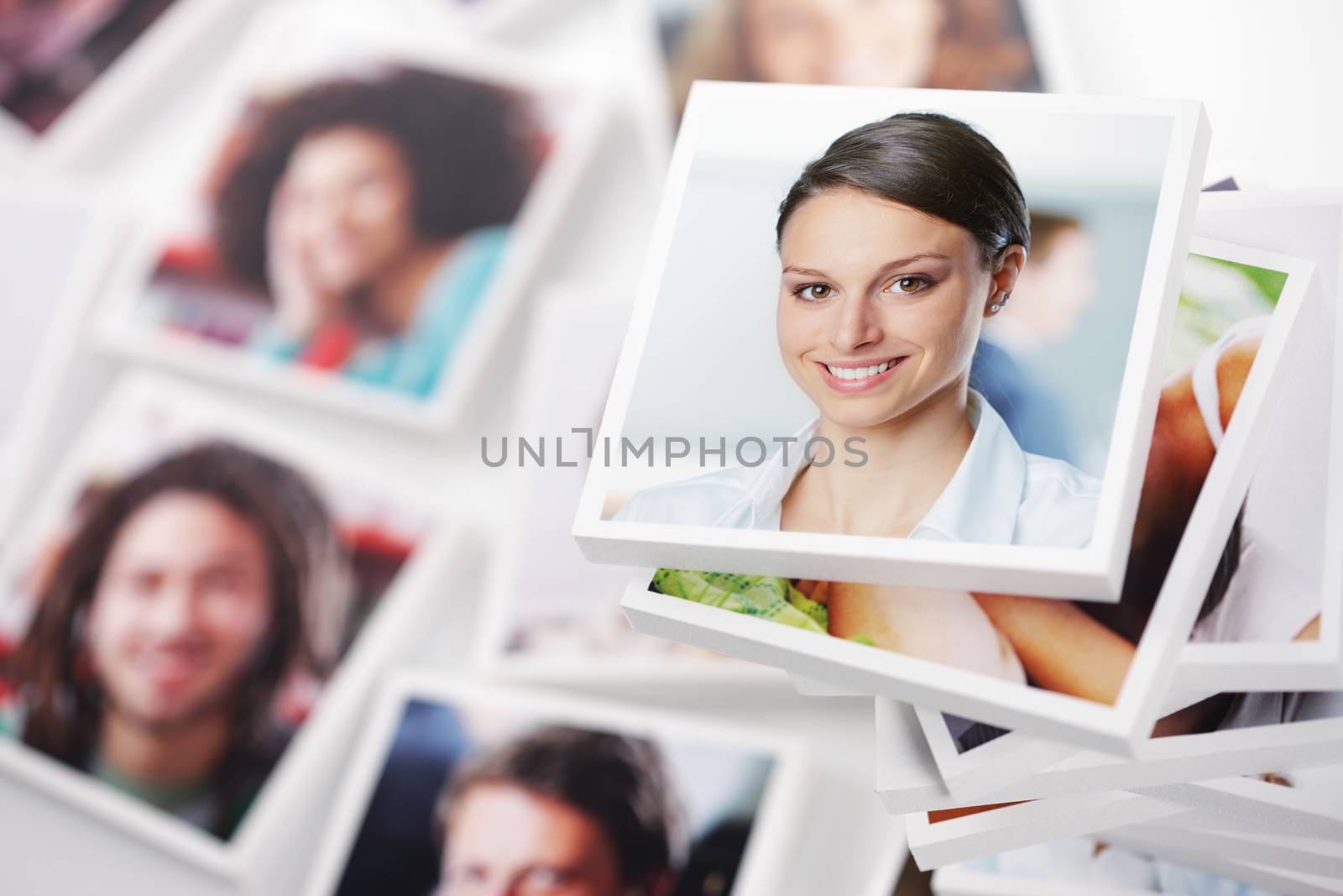 Conceptual portraits of a group of people with smiling woman in foreground