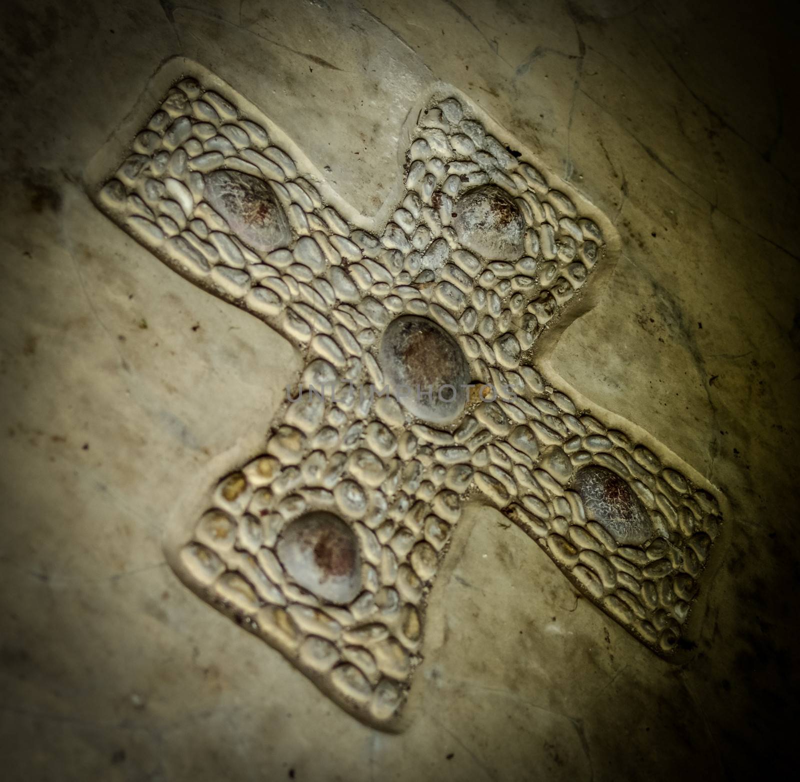 Ancient Celtic Cross On Stone Chapel Floor (With Shallow DoF)