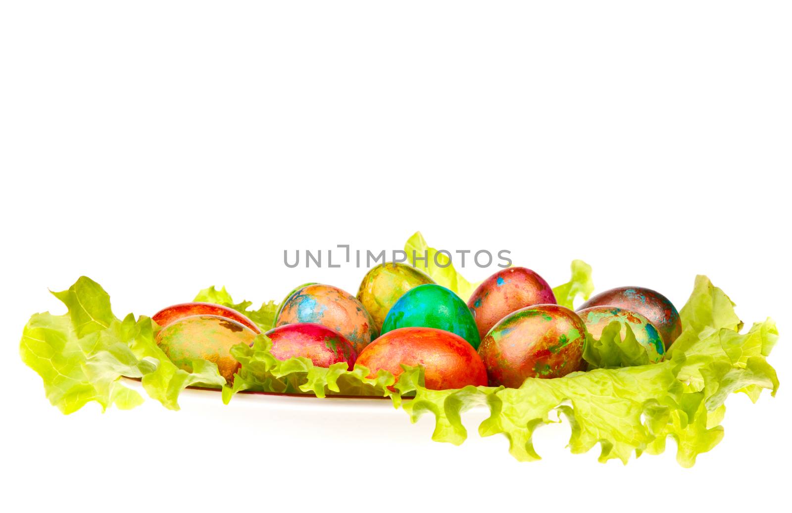 Easter eggs on a plate with green leaves
