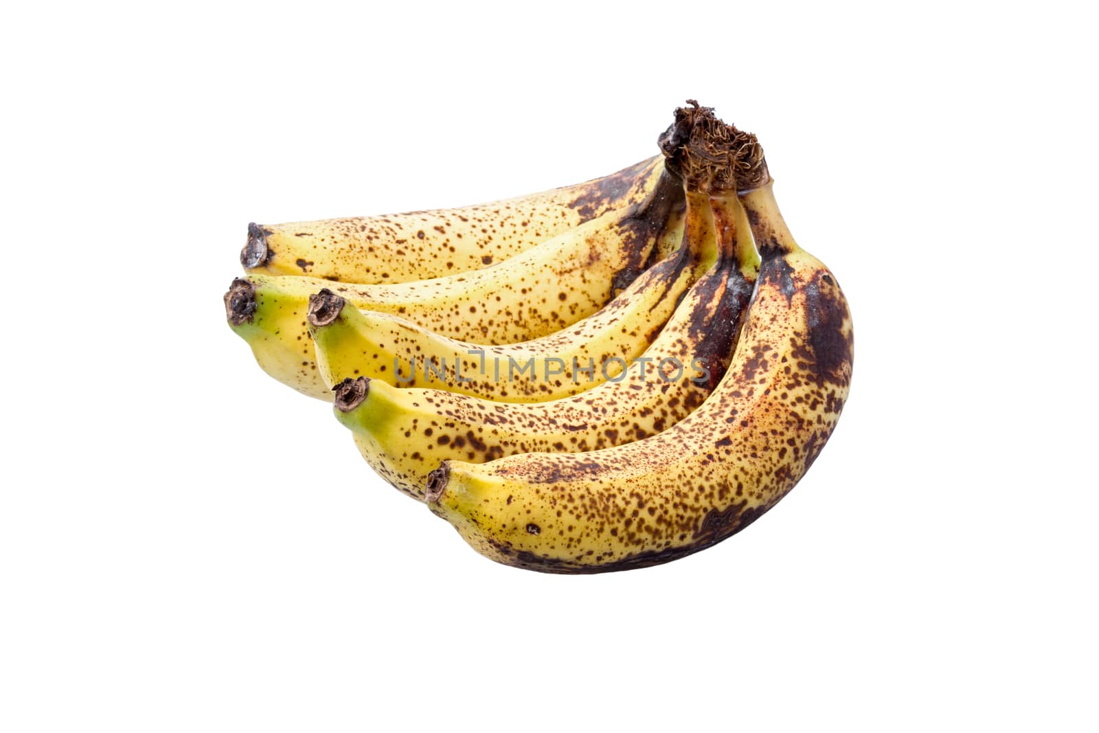 five overripe bananas isolated on white background
