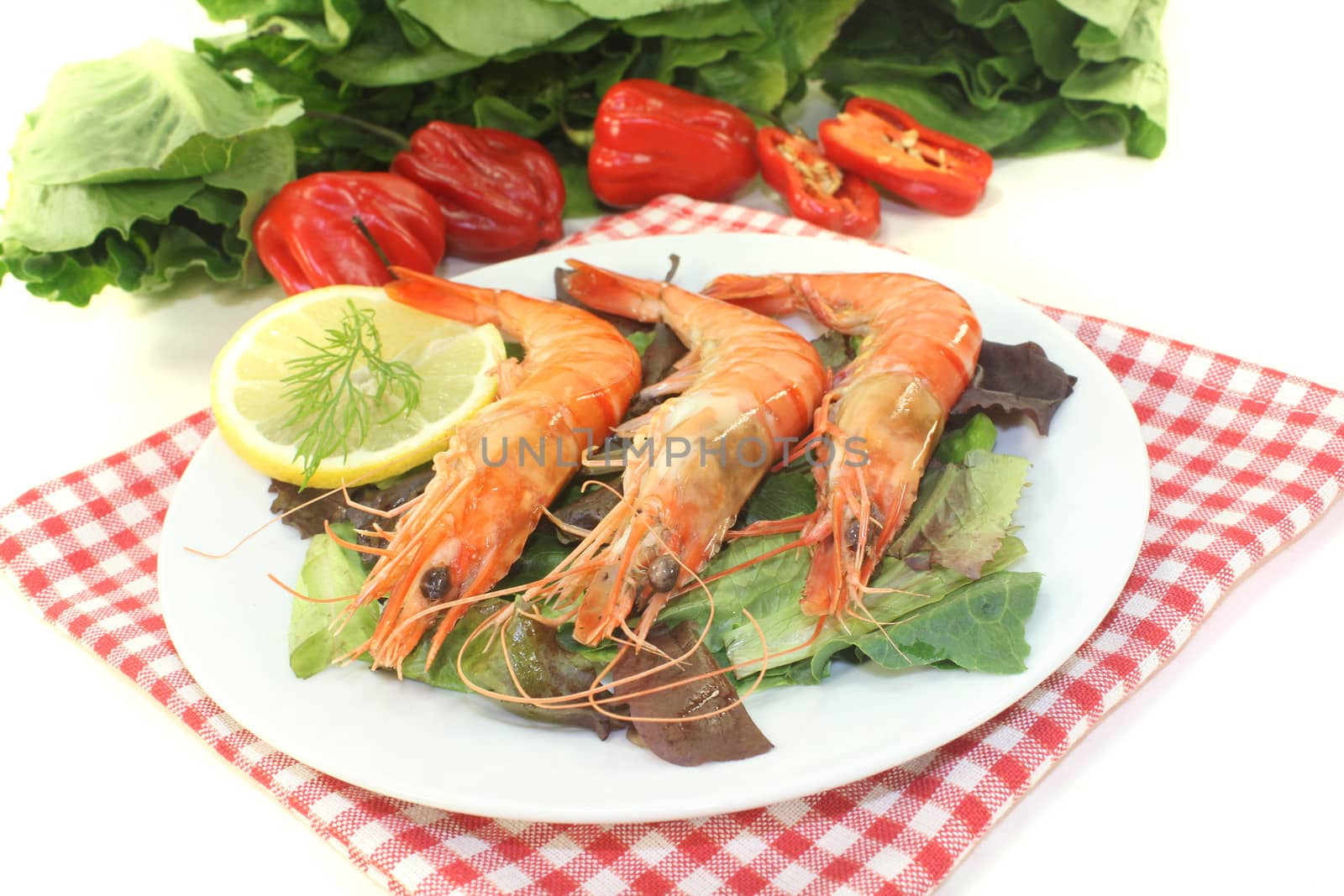 fresh prawns on salad with lemon and dill