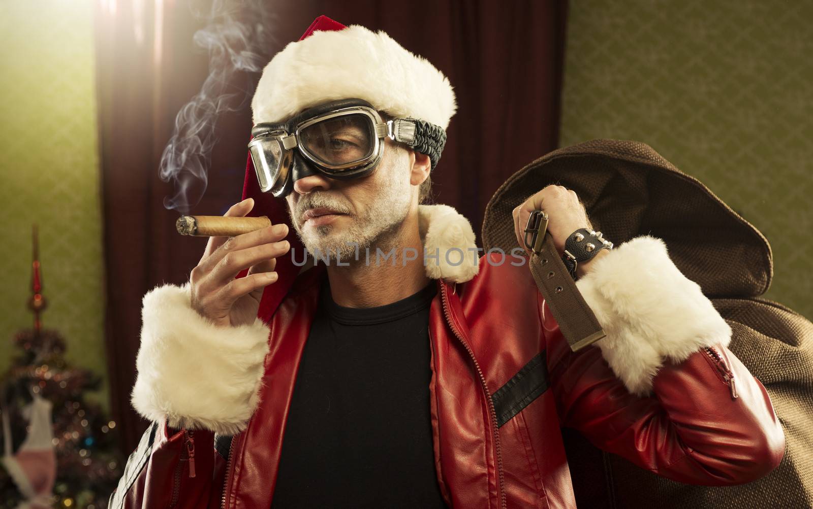 Bad Santa with gift bag smoking cigar 