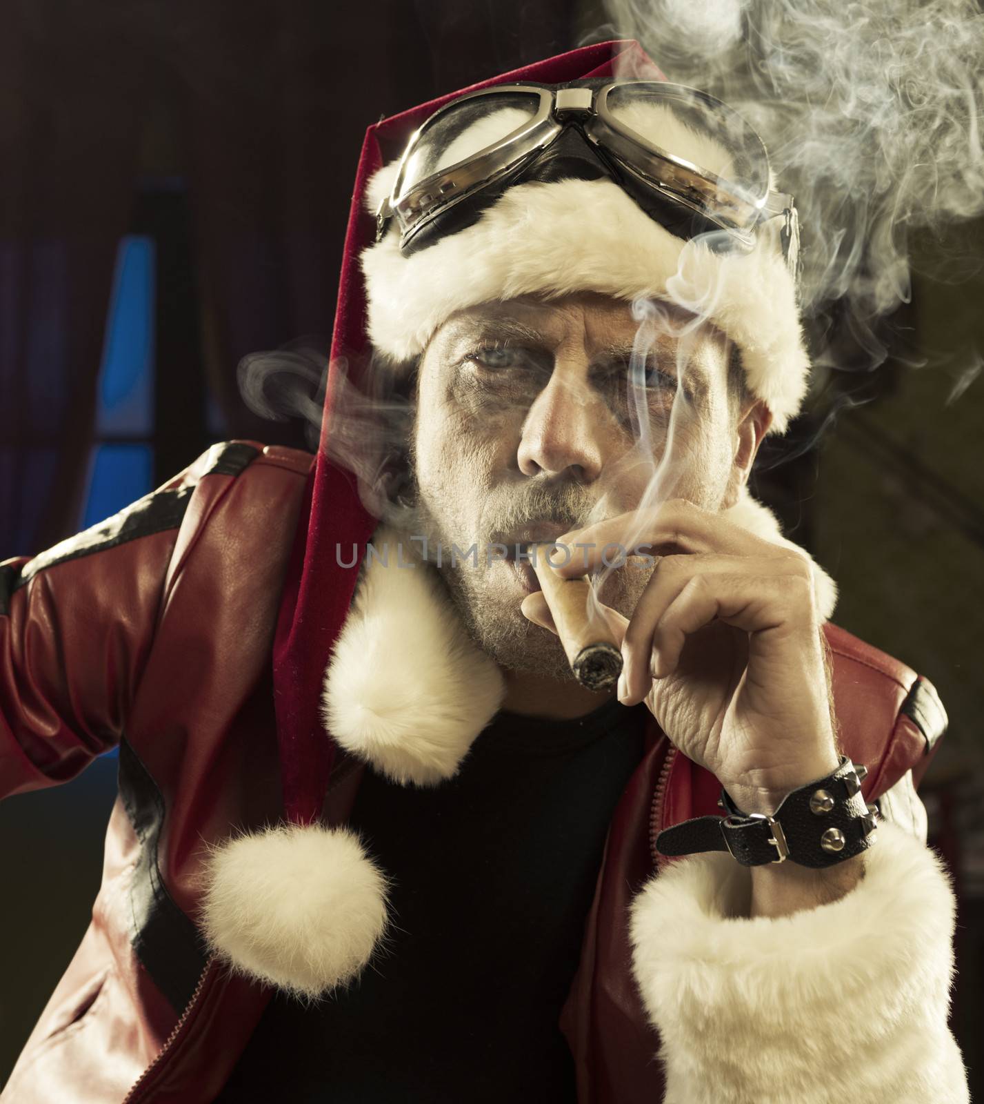 Portrait of Bad Santa smoking a cigar 