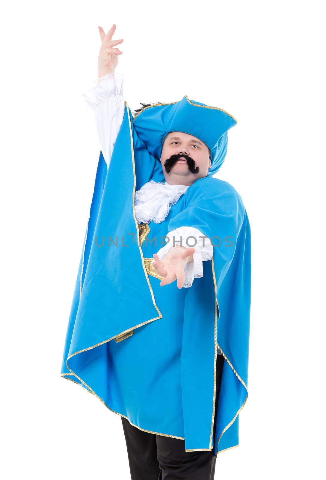 Cavalier gentleman in feathered cap and turquoise blue uniform of the cross, with over a rotund fat belly, isolated on white